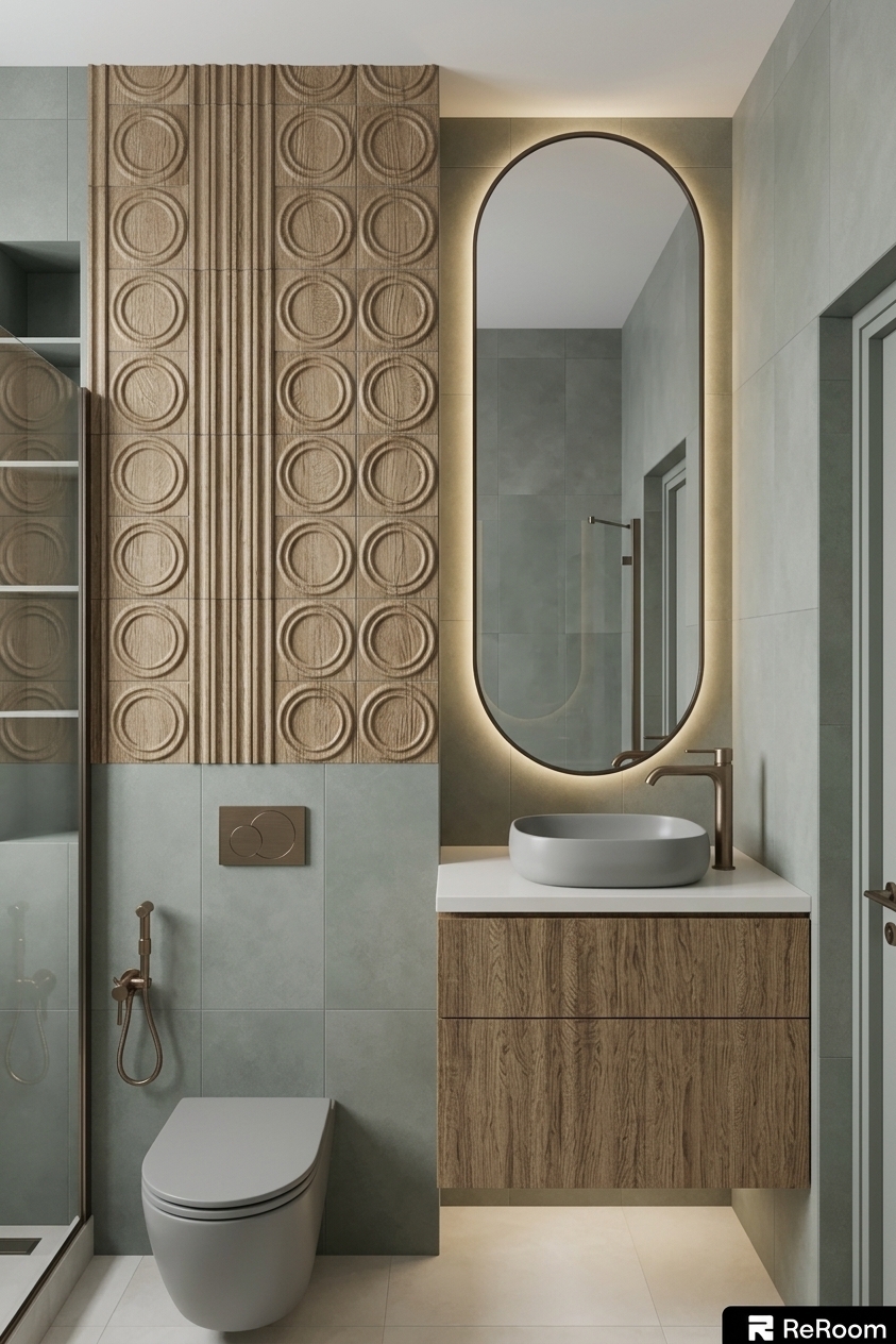 An incredibly lifelike, richly detailed, photorealistic eye-level architectural shot of a serene minimalist bathroom set in a contemporary luxury residence. The scene is illuminated by crisp, diffused midday daylight complemented by the warm, atmospheric halo glow emanating from behind a tall, capsule-shaped mirror, creating a tranquil, sophisticated, and rejuvenating atmosphere. Captured with a high-end full-frame camera and a 50mm tilt-shift lens, emphasizing the rich tactile balance of natural wood grain, refined matte grey-green tiling, and smooth, milky-white surfaces. To the right, a floating two-drawer vanity finished in rich natural wood veneer is topped with a pristine milky-white solid surface countertop, supporting an elegant organic vessel sink with a sleek brushed bronze mixer faucet, all set against a calming grey-green tiled accent wall that highlights the mirror's softly glowing silhouette. To the left, the accent wall above the sleek wall-hung grey toilet is reimagined in warm, vertical wood-look tiles that bring organic texture and vertical rhythm to the space, while the surrounding walls and floor are enveloped in large-format, soft milky-cream porcelain tiles that effortlessly balance the earthy tones, perfectly realizing a balanced, harmonious, and minimalist wellness sanctuary.