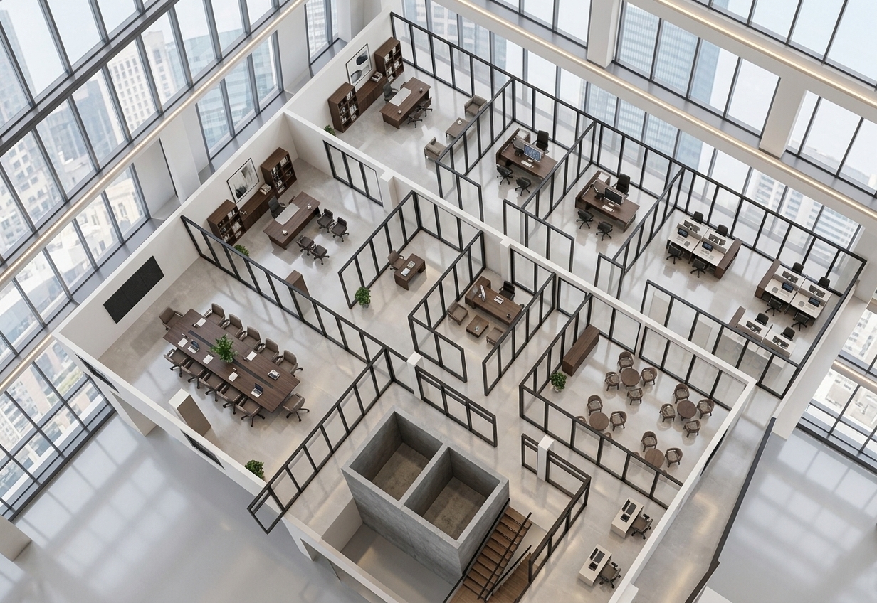 An incredibly lifelike, richly detailed, photorealistic isometric cutaway architectural rendering of an expansive corporate office suite set in a modern high-rise. The scene is illuminated by crisp daylight filtering through expansive perimeter windows and balanced with warm, recessed architectural glow, creating an airy, refined, and sophisticated atmosphere. Captured with a wide-angle tilt-shift lens from an elevated perspective, emphasizing polished pearl-gray porcelain flooring, dark walnut executive desks, and slim matte-black metal-framed glass partition walls. The contemporary interior features a grand conference room anchored by a long boardroom table and tailored upholstered chairs, executive private offices adorned with minimalist abstract art and open-shelf cabinetry styled with photography books, alongside modern open-plan workstations and a light-filled collaborative lounge with bistro tables. Seamlessly blending shades of champagne, soft gray, and warm white, the balanced layout showcases understated elegance through sleek finishes, curated decor, and immaculate geometric spatial flow.