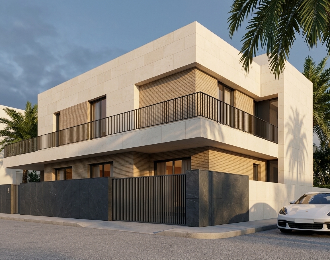 An incredibly lifelike, richly detailed, photorealistic wide-angle exterior architectural shot of a contemporary two-story luxury residence set in an upscale, tranquil suburban streetscape. The scene is illuminated by the soft, warm glow of late-afternoon sunlight casting crisp, elegant geometric shadows across the facade, creating a serene, sophisticated, and inviting atmosphere. Captured with a professional medium-format camera and a specialized tilt-shift lens, emphasizing the crisp linear intersections, rich tactile textures, and refined material contrasts.

The residence showcases a masterclass in modern rectilinear design, defined by bold geometric volumes and a harmonious palette of warm, earthy tones. The upper level features a prominent cantilevered structure clad in large, honed cream limestone panels, artfully contrasted by sections of narrow, warm-tan textured brickwork. A generous wraparound balcony is enclosed by a minimalist black metal bar railing, creating clean horizontal lines beneath the crisp white fascia and overhanging roofline fitted with subtle, recessed spotlighting. Large, dark-framed sliding glass doors open onto the terrace, revealing glimpses of soft sheer curtains and warm interior tones within.

At ground level, a sophisticated privacy boundary combines dark slate-grey stone panels with a contemporary vertical-slatted security gate, creating subtle depth and rhythm along the street frontage. Recessed entrance alcoves and lower-level windows maintain clean, uncluttered sightlines. Framing the composition, a lush green palm tree arches gracefully from the upper right foreground, its feathery fronds casting soft, organic silhouettes against the pale blue, cloud-streaked sky. In the foreground, the lightly textured asphalt street and smooth concrete curb lead toward a sleek white luxury sports coupe parked at the curb, its glossy finish subtly reflecting the warm ambient light of dusk.