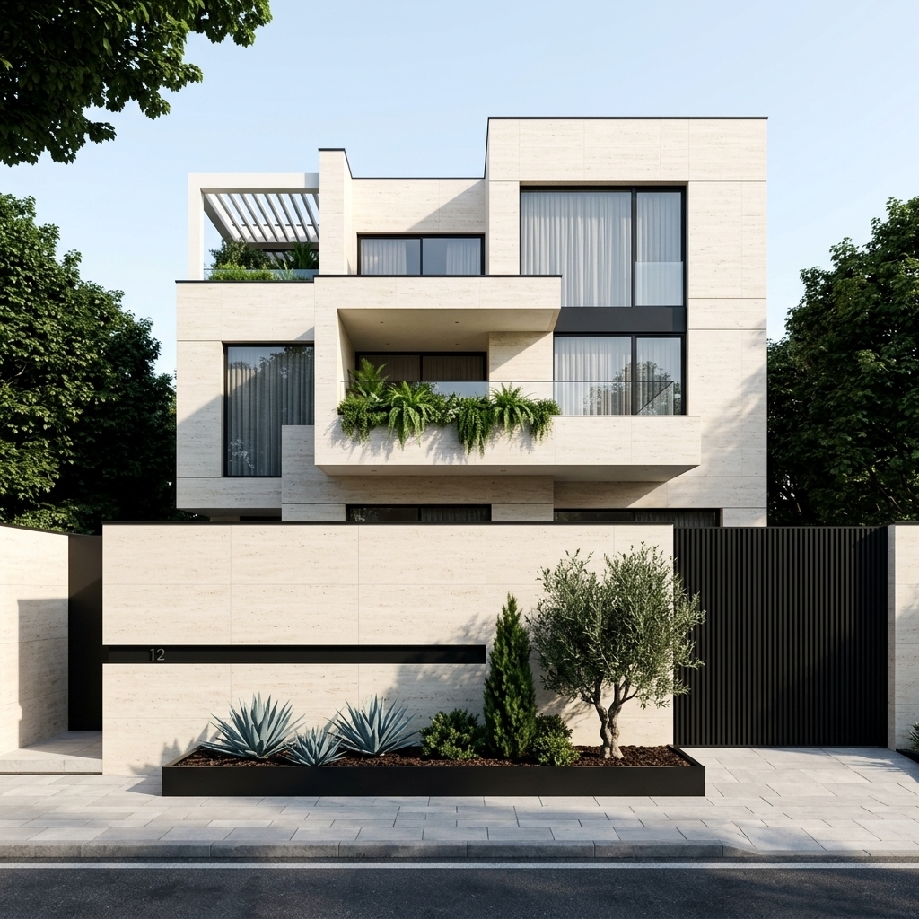 An incredibly lifelike, richly detailed, photorealistic eye-level architectural shot of a contemporary luxury residence set in a tranquil, upscale urban neighborhood. The scene is illuminated by bright, clear morning sunlight that casts clean, sharp geometric shadows across the facade, creating a calm, balanced, and sophisticated Zen-inspired atmosphere. Captured with a 35mm tilt-shift lens on a high-resolution medium-format camera, emphasizing the fine porous texture of cream-toned travertine stone panels, contrasting powder-coated matte black steel trims, and sculptural natural greenery.

The building's architecture embodies a harmonious blend of minimalist geometry and warm, natural materiality. The main structure features stacked, intersecting rectilinear volumes framed in pale limestone blocks. Floor-to-ceiling panoramic windows and sliding glass doors are fitted with sleek black frames, partially softened by elegant, semi-sheer interior curtains. A cantilevered intermediate volume features a recessed balcony framed with clear glass balustrades and an integrated planter overflowing with lush, cascading ferns and vibrant green foliage. At the top left, an open-slatted white pergola provides rhythmic vertical shadows against a rooftop garden nook.

At street level, the property is defined by a clean, secure perimeter wall clad in identical cream stone, featuring a striking black horizontal accent groove alongside the minimalist house number '12'. A tall, vertical-slatted matte black security gate seamlessly integrates into the boundary, offering privacy while maintaining an airy, refined cadence. A modern, low-profile black planter box stretches along the front wall, showcasing meticulously arranged drought-tolerant and Zen-inspired landscaping—including spiky blue agaves, a slender dwarf cypress, and an architectural, twisted olive tree grounded in fine dark mulch. 

The composition is framed on either side by dense, deep-green tree canopies that soften the sharp modern edges, while a spotless paved sidewalk and dark asphalt road in the foreground ground the building with authentic street-level perspective and subtle environmental reflections.