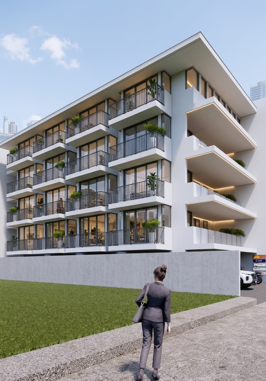 A crisp architectural photograph capturing the modern apartment building in bright, soft midday daylight beneath a clear blue sky with a few wispy clouds and subtle background buildings on the horizon. The interior spaces feature faint, warm ambient illumination visible through realistic glass reflections and subtle interior depth. The exterior shows authentic white stucco micro-textures, matte dark metal railings, and natural potted greenery on the balconies, while the foreground showcases detailed textured asphalt, realistic lawn turf, and natural fabric folds on the walking woman. Shot on a wide-angle architectural lens with balanced exposure, soft diffused shadows, and subtle natural optical clarity.