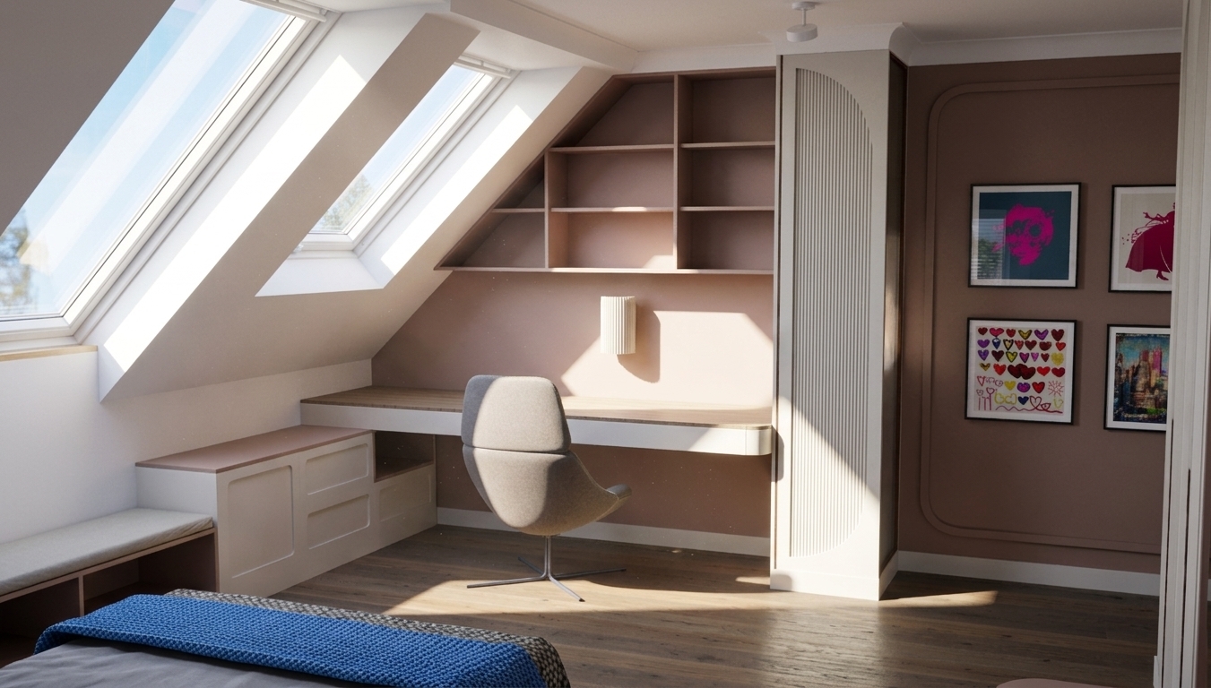 A photorealistic interior photograph of the attic room bathed in bright summer midday light, maintaining the exact geometry, composition, and layout. Crisp, natural sunlight pours in, illuminating the sloped ceiling and casting realistic diffuse ambient light across the matte mauve walls and built-in cabinetry. Tactile material realism is rendered throughout, from the fine wood grain on the desk and flooring to the woven fabric texture of the blue blanket and smooth chair upholstery. Captured with an eye-level wide-angle lens, balanced natural exposure, subtle ambient shadows, authentic reflections on the framed glass artwork, and mild photographic grain.
