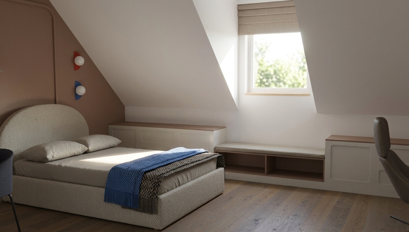 A photorealistic interior photograph of the attic bedroom, illuminated by bright, natural midday summer sunlight pouring through the dormer window. Crisp sunbeams and soft ambient bounce light fill the room, highlighting the clean sloped white ceiling and dusty-rose accent wall. Physical materials are rendered with tactile accuracy, featuring detailed woven fabric on the upholstered bed, natural micro-creases across the cotton sheets, a realistic knit texture on the blue throw, subtle wood grain along the floorboards, and matte finishes on the built-in cabinetry. Captured on a sharp architectural lens with balanced exposure, natural shadows, realistic global illumination, and subtle photographic grain.