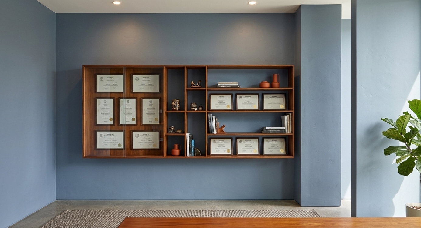 An incredibly lifelike, richly detailed, photorealistic eye-level interior architectural shot of a sophisticated mid-century modern home office set in a serene contemporary residence. The scene is illuminated by soft daylight pouring from an adjacent vertical architectural opening and subtle ambient recessed lighting, creating a calm, refined, and timeless atmosphere. Captured with a 35mm lens at a crisp depth of field, emphasizing the rich, organic grain of the handcrafted warm teak and walnut modular shelving mounted against a smooth, muted slate-blue wall. Inside the geometric, linear display case, neatly arranged glass-framed certificates and curated photography books rest alongside tasteful mid-century decor and subtle burnt-orange accents. The clutter-free, functional composition radiates iconic vintage elegance, complemented by soft ambient shadows and the refreshing touch of nearby indoor greenery just catching the edge of the light.