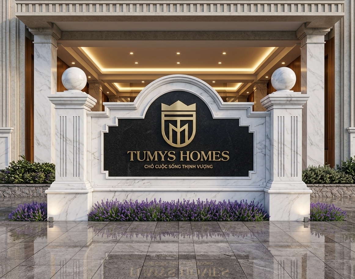 An incredibly lifelike, richly detailed, photorealistic eye-level architectural shot of a prestigious luxury entrance monument set in an upscale modern development. The scene is illuminated by warm recessed architectural cove lighting and balanced ambient daylight, creating an opulent, welcoming atmosphere. Captured with a professional wide tilt-shift lens, emphasizing the delicate grey veining of the polished white marble columns, the rich texture of the black stone sign backdrop, and the gleaming brushed-gold emblem and typography of "TUMYS HOMES." Symmetrical fluted pillars crowned with solid spherical finials frame the grand stepped archway, beautifully grounded by vibrant purple lavender and manicured landscape planters. In the background, warm architectural wood cladding and sleek illuminated ceiling bays enhance the depth, reflecting gracefully across the wet-sheen polished stone plaza tiles in the foreground.