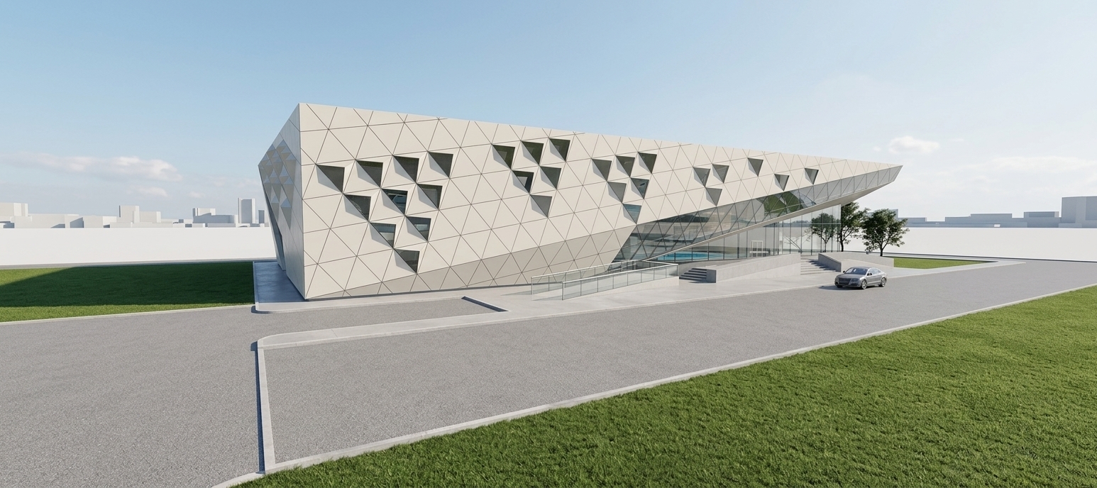 An incredibly lifelike, richly detailed, photorealistic wide-angle architectural shot of a contemporary aquatic center set in a minimalist, sun-drenched civic landscape. The scene is illuminated by soft, diffused natural midday summer sunlight, creating a bright, serene, and refined atmosphere. Captured with a high-end full-frame camera and tilt-shift architectural lens, emphasizing the smooth matte finish of the off-white triangular composite facade panels, the crisp shadows within the recessed geometric modular patterns, and the subtle ambient reflections across the sweeping glass curtain wall. The striking, dynamic angular massing tapers gracefully toward the right, hovering over an expansive glazed entryway framed by a sleek cast-concrete ramp that serves as an inviting modern outdoor patio access. Manicured, lush green lawn borders with crisp concrete curbs frame the finely textured grey asphalt foreground, while realistic soft contact shadows and a pristine, clear summer sky beautifully accentuate the building's bold geometric lines and sophisticated architectural identity.