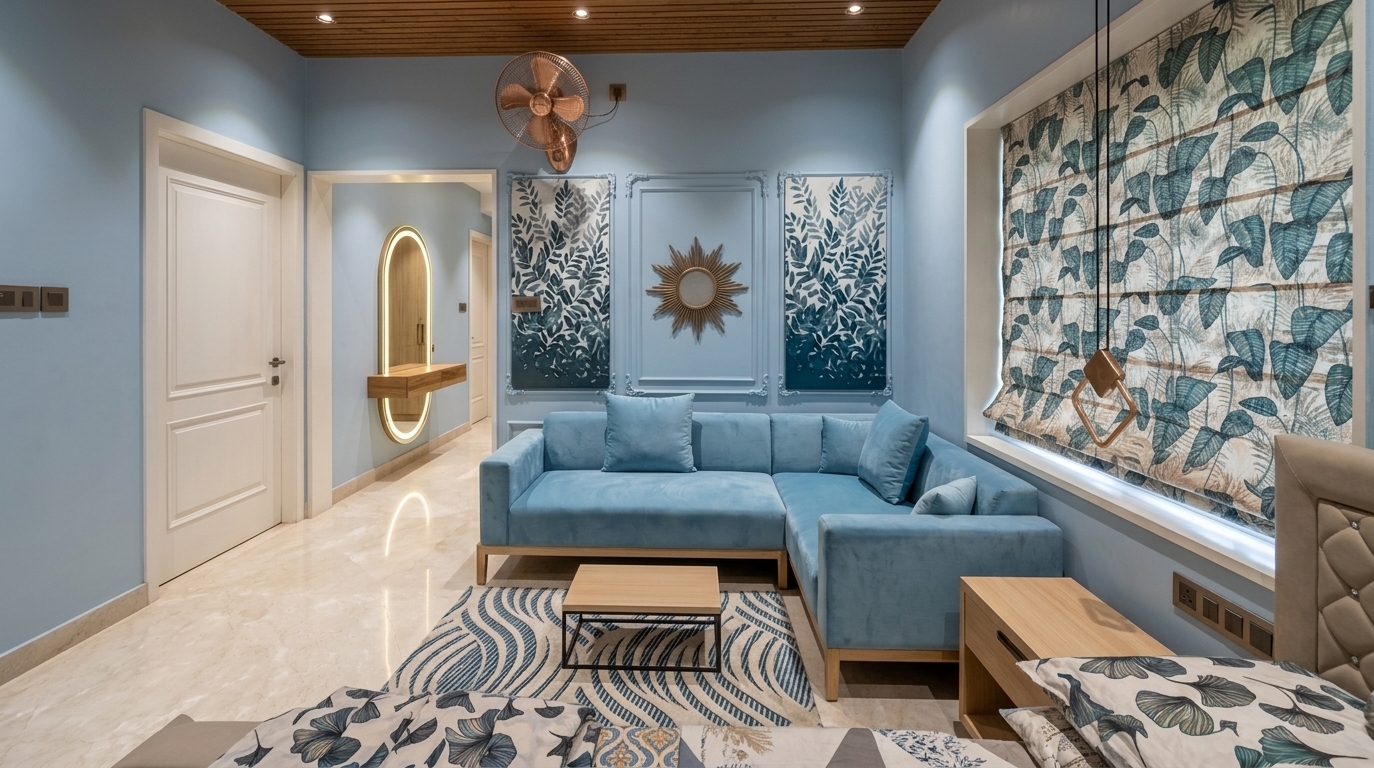 An incredibly lifelike, richly detailed, photorealistic wide-angle interior shot of a luxurious contemporary bedroom and private lounge suite set in a chic modern residence. The scene is illuminated by warm recessed directional spotlights and gentle diffuse daylight filtering through a patterned Roman window shade, creating an airy, serene, and sophisticated atmosphere. Captured with a 24mm tilt-shift architectural lens, emphasizing the rich natural grain of the timber-slatted ceiling, smooth powder-blue walls, and polished marble floor tiles. An inviting sky-blue corner sectional with plush cushions rests atop a stylized wave-pattern rug, facing a sleek light-wood coffee table. Symmetrical wall moldings elegantly frame botanical triptych artwork and a decorative sunburst wall sculpture, while warm oak door frames, an illuminated pendant light, and refined wooden accents throughout evoke an aura of streamlined elegance and modern luxury.