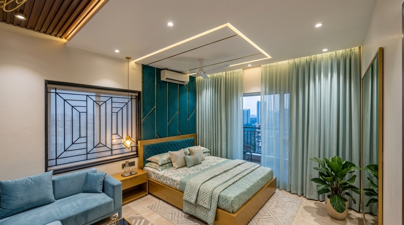 An incredibly lifelike, richly detailed, photorealistic wide-angle interior shot of a chic bedroom reimagined with Art Deco glamour, set in an opulent modern residence. The scene is illuminated by soft daylight filtering through floor-to-ceiling sheer and pale teal curtains paired with warm recessed downlights and sleek linear ceiling fixtures, creating a serene and lavishly stylish atmosphere. Captured with a professional 24mm architectural tilt-shift lens, emphasizing the intricate geometric textures of the jewel-toned teal accent wall, the diamond-quilted upholstered headboard, and the natural grain of the golden-oak bed frame and matching nightstand. The room features a plush powder-blue lounge sofa, a sculptural pendant light, soft patterned mint textiles, polished surfaces, and a vibrant potted plant in a fluted ceramic planter that adds a fresh organic contrast to the streamlined, luxurious aesthetic.