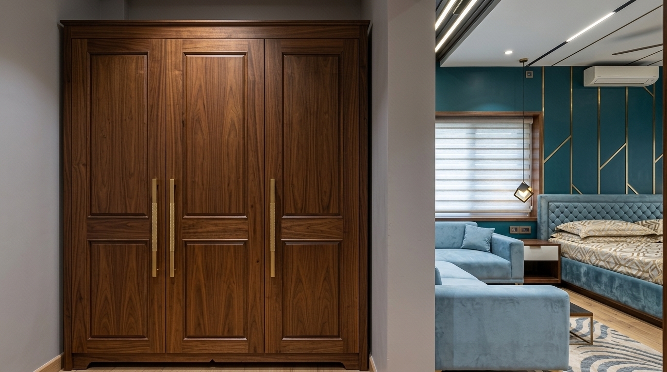 An incredibly lifelike, richly detailed, photorealistic eye-level interior shot of an Art Deco glamour-inspired master bedroom and dressing suite set in a luxurious contemporary apartment. The scene is illuminated by sleek recessed LED strip lighting, an artistic geometric pendant lamp, and diffused daylight through a window, creating a chic, warm, and opulent atmosphere. Captured with a professional 35mm architectural lens, emphasizing the rich vertical grain of the three-door wooden wardrobe, the soft sheen of polished finishes, and crisp geometric detailing throughout. In the foreground, the custom timber wardrobe showcases refined paneled cabinetry with streamlined handles, framed neatly against cool neutral walls. Through the open architectural threshold, the adjoining bedroom reveals a bold, jewel-toned teal accent wall adorned with modern angular moldings, positioned above an upholstered diamond-tufted headboard, matched with a plush pastel blue sectional sofa, warm timber nightstands, and polished surfaces that embody an elegant, symmetrical aesthetic.