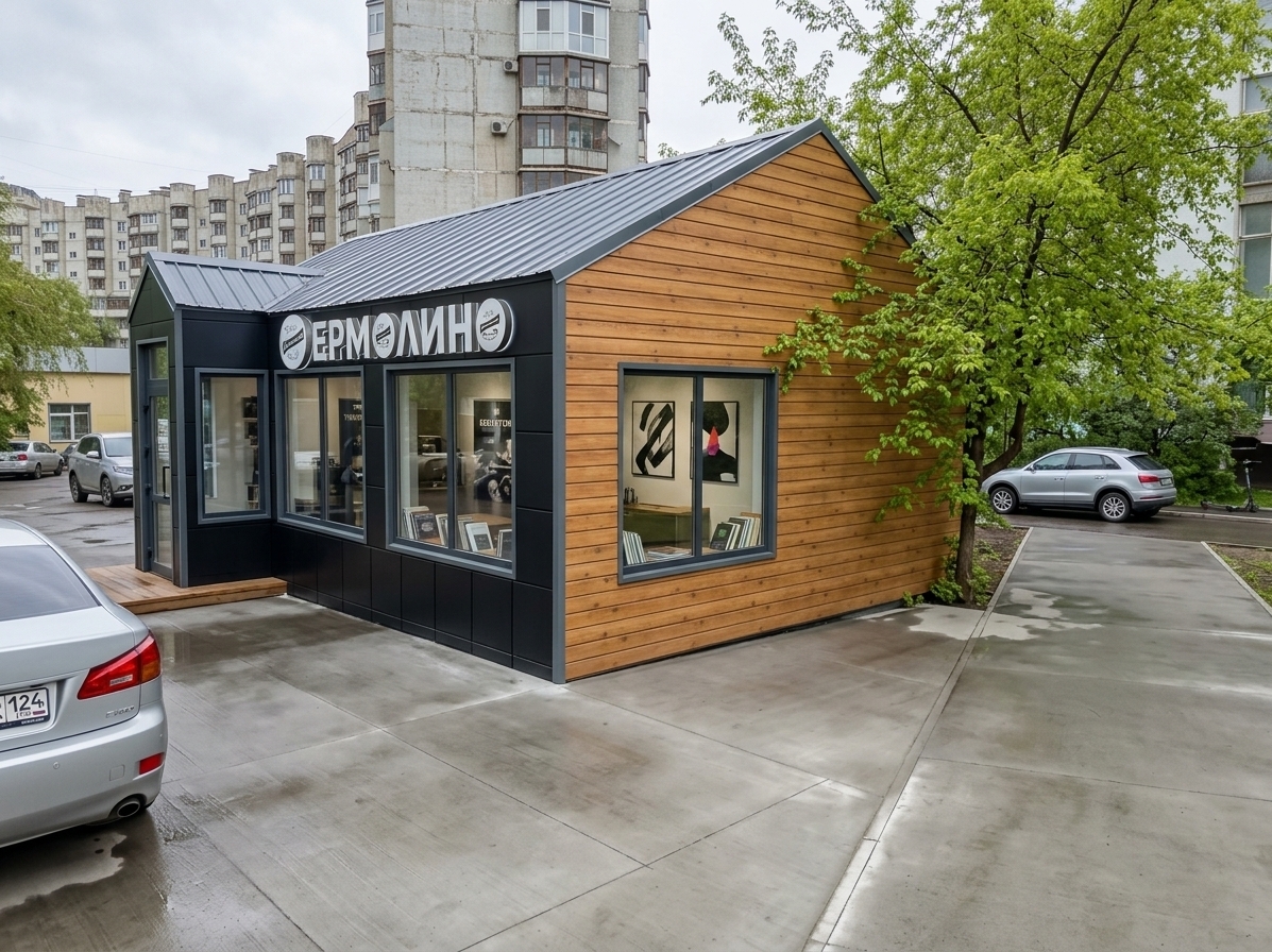 An incredibly lifelike, richly detailed, photorealistic eye-level architectural photo of a sleek, contemporary modular coffee shop pavilion set in a revitalized urban courtyard on a fresh spring midday. The scene is illuminated by clear, diffused midday daylight softly reflecting off wet pavement, creating a vibrant, clean, and dynamic atmosphere. Captured with a high-end full-frame camera and a sharp 35mm tilt-shift lens, emphasizing the rich contrast between warm horizontal wood-look siding, smooth matte charcoal-black facade panels, and sleek industrial-inspired metallic trims. The pavilion features a bold, modular geometric profile with crisp dual pitched roofs and expansive, open-concept glass display windows that invite views into a minimalist yet sophisticated interior. Visible inside are streamlined brushed metal espresso fixtures, neatly displayed photography books along a slim wooden ledge, and striking abstract wall art featuring bold vibrant accents against a monochromatic palette of deep blacks and crisp whites. Lush spring greenery, including a leafy green tree gently brushing against the roofline, softens the clean architectural edges and seamlessly bridges the sophisticated boutique kiosk with its surrounding urban residential context.