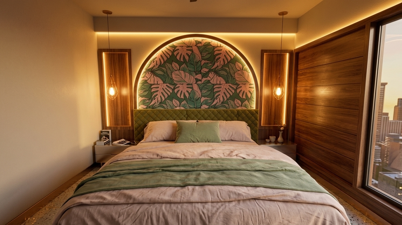 An incredibly lifelike, richly detailed, photorealistic eye-level shot of a boutique bedroom interior set in a retro-futuristic urban residence. The scene is illuminated by glowing, hidden golden-amber LED backlighting framing a bold archway and the warm luminescence of hanging geometric wire pendant lamps, creating a warm, nostalgic, and space-age atmosphere. Captured with a 24mm wide-angle architectural lens at eye level, emphasizing the vivid textures of the stylized pink-and-emerald tropical foliage wall art, quilted olive-green headboard, and layered pastel blush bedding. Flanked by rich wood-trimmed niche panels and floating minimalist nightstands adorned with photography books and delicate ceramics, the room seamlessly blends mid-century streamlined elegance with innovative, cozy sci-fi modernism.