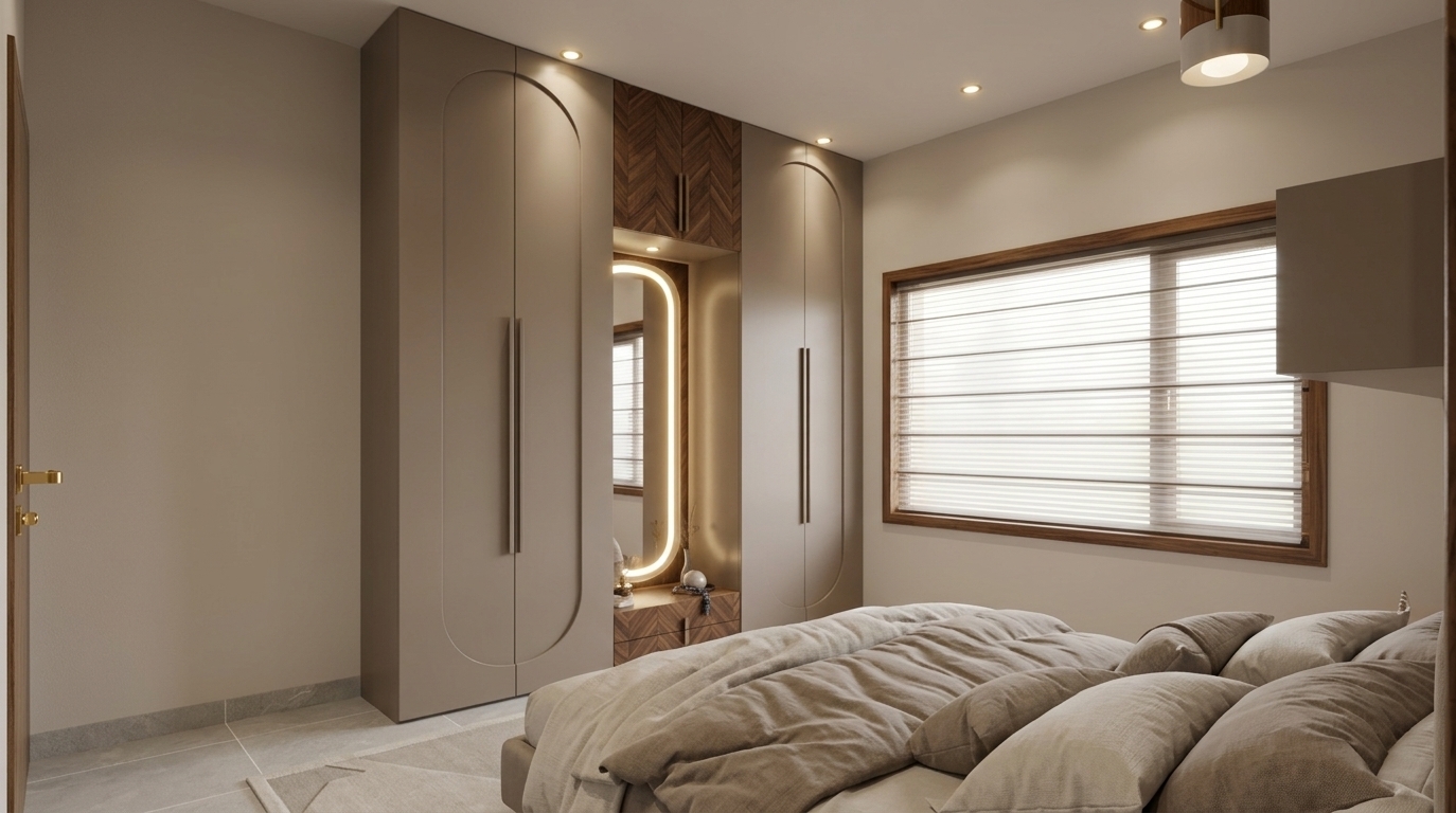 An incredibly lifelike, richly detailed, photorealistic wide-angle interior shot of a mid-century modern bedroom set in a refined contemporary residence. The scene is illuminated by warm recessed ceiling spotlights and the soft, radiant halo of an integrated backlit vanity mirror, creating a cozy, serene, and sophisticated atmosphere. Captured with a professional full-frame camera and a 24mm architectural tilt-shift lens, emphasizing the seamless matte taupe cabinetry, rich herringbone walnut accents, and soft fabric textures. The focal point features a sleek floor-to-ceiling wardrobe unit with elegant pill-shaped relief panels flanking a central dressing nook lined with geometric teak wood detailing. In the foreground, an uncluttered, comfortable bed is dressed in layered neutral linens accented with plush cushions, perfectly complemented by a large wood-framed window with horizontal blinds that imbue the space with timeless, linear elegance.