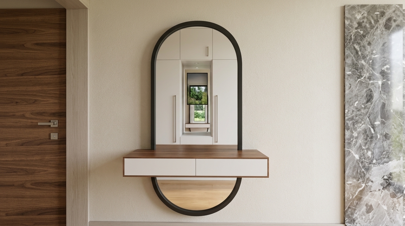 An incredibly lifelike, richly detailed, photorealistic eye-level interior shot of an entryway and mudroom vanity console set in a luxurious contemporary residence. The scene is illuminated by soft, diffused ambient light intertwined with crisp natural daylight cascading through an opposing window, creating an elegant, airy, and sophisticated atmosphere. Captured with a 50mm architectural tilt-shift lens, emphasizing the fine stucco texture of the champagne-tinted walls, the smooth grain of the rich walnut accents, and the pristine gloss of the reflective surfaces. Centered on the wall, an elongated capsule-shaped mirror with a slim matte black metal frame gracefully anchors a floating dual-drawer console finished with pearl-white fronts and polished walnut casing. To the left, a solid wood door showcases horizontal linear grain complemented by a modern metallic handle, while to the right, a deep polished stone panel adds striking material contrast. In the mirror's crystal-clear reflection, clean-lined built-in cabinetry frames a bright window revealing lush outdoor greenery, effortlessly balancing refined minimalism with functional modern elegance.