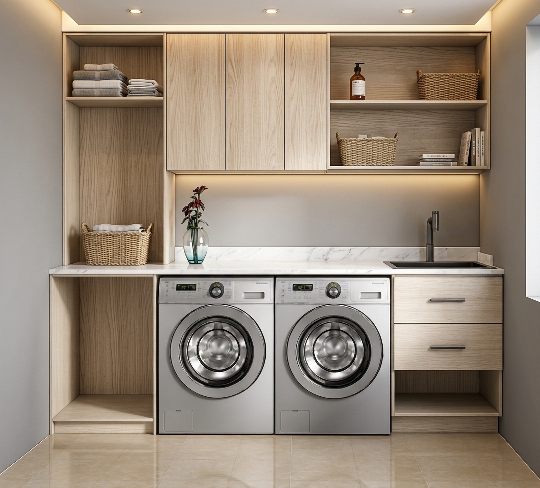 Straight-on architectural photograph of the laundry room layout, featuring light natural wood cabinetry and dual front-load washers, with the countertop replaced by polished white marble showing subtle grey veining. The open shelving and counter are naturally staged with neatly folded linen towels, woven storage baskets, amber soap dispensers, and a small potted plant while strictly preserving the open compartment structure. A clean, recessed gypsum false ceiling introduces warm overhead spotlights and hidden cove lighting, blending with the glowing under-cabinet strip to illuminate natural wood grain, brushed stainless steel, and glossy beige floor tiles with balanced exposures, soft realistic shadows, and subtle photographic lens clarity.