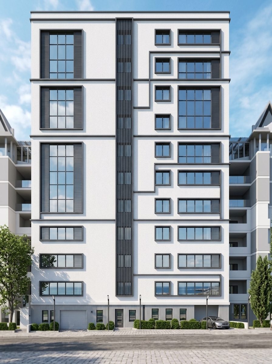 An incredibly lifelike, richly detailed, photorealistic frontal architectural shot of a modern mid-rise residential building set in a crisp urban environment. The scene is illuminated by bright, sun-kissed midday spring lighting with subtle atmospheric shadows, creating an airy, fresh, and inviting atmosphere. Captured with a professional tilt-shift architectural lens, emphasizing the fine texture of the clean white rendered facade, the bold geometric outlines of dark charcoal steel trim, and the deep reflections in the expansive gridded window panes. A tall, textured louvered shaft accents the center of the symmetrical design, while the ground level is grounded by understated dark cladding, neat linear street lamps, manicured low hedges, and a sleek parked car under a vibrant, lightly clouded coastal sky.