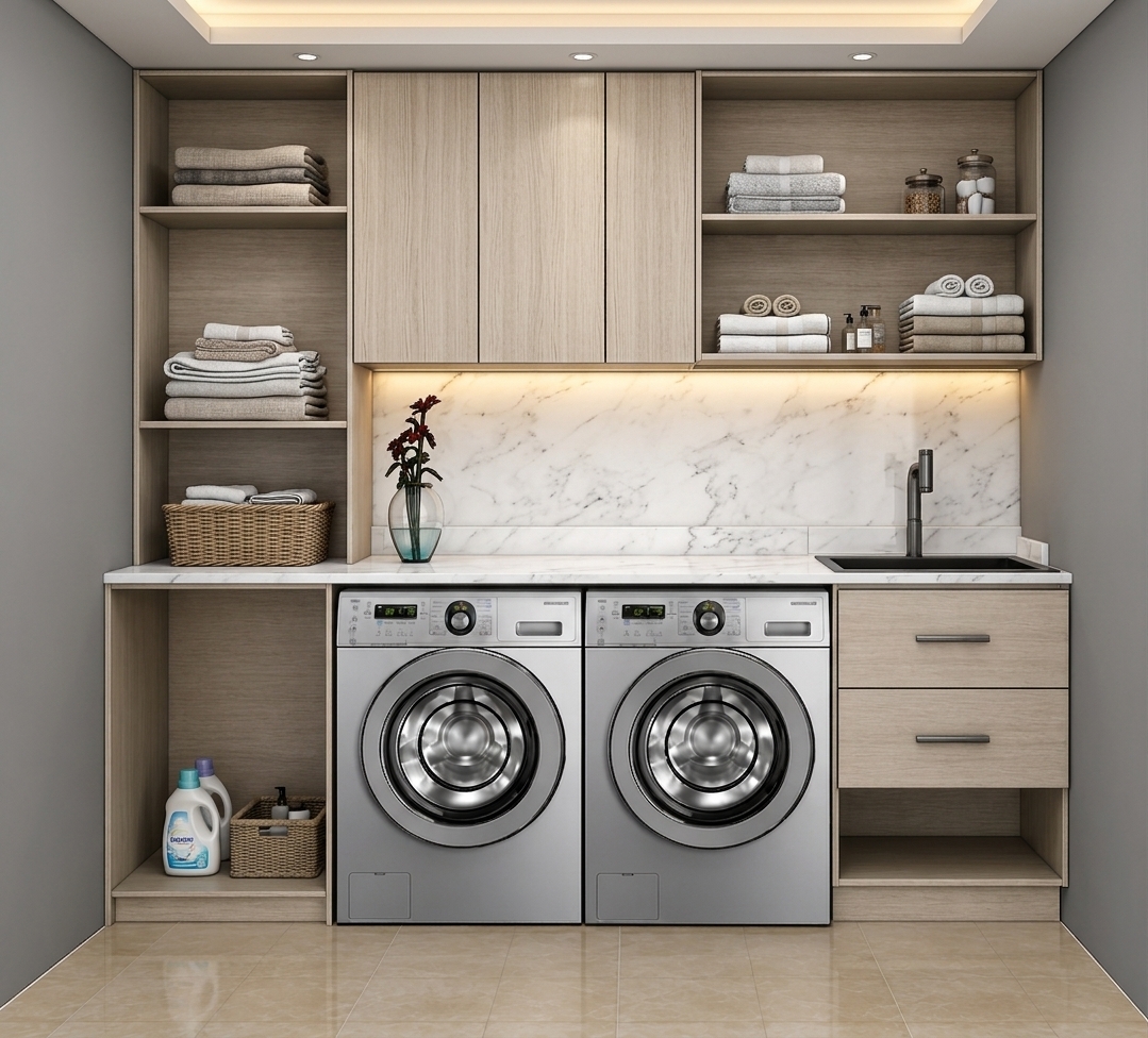 Straight-on architectural photograph of the laundry cabinet setup, perfectly preserving the original framing, proportions, and layout. The countertop is rendered in refined white marble with soft grey veining and a polished finish. A modern recessed gypsum ceiling overhead features warm LED cove lighting and flush spotlights casting gentle highlights, complemented by warm under-cabinet strip lighting. The existing open shelves and lower niches are styled with neatly folded white linen towels, textured woven baskets, glass dispenser jars, and minimal laundry supplies, while the countertop holds sleek bottles and a small potted plant. Authentic photographic qualities include crisp light oak wood grain, brushed stainless steel reflections on the appliances, realistic tile floor sheen, balanced contact shadows, and faint 35mm film grain.