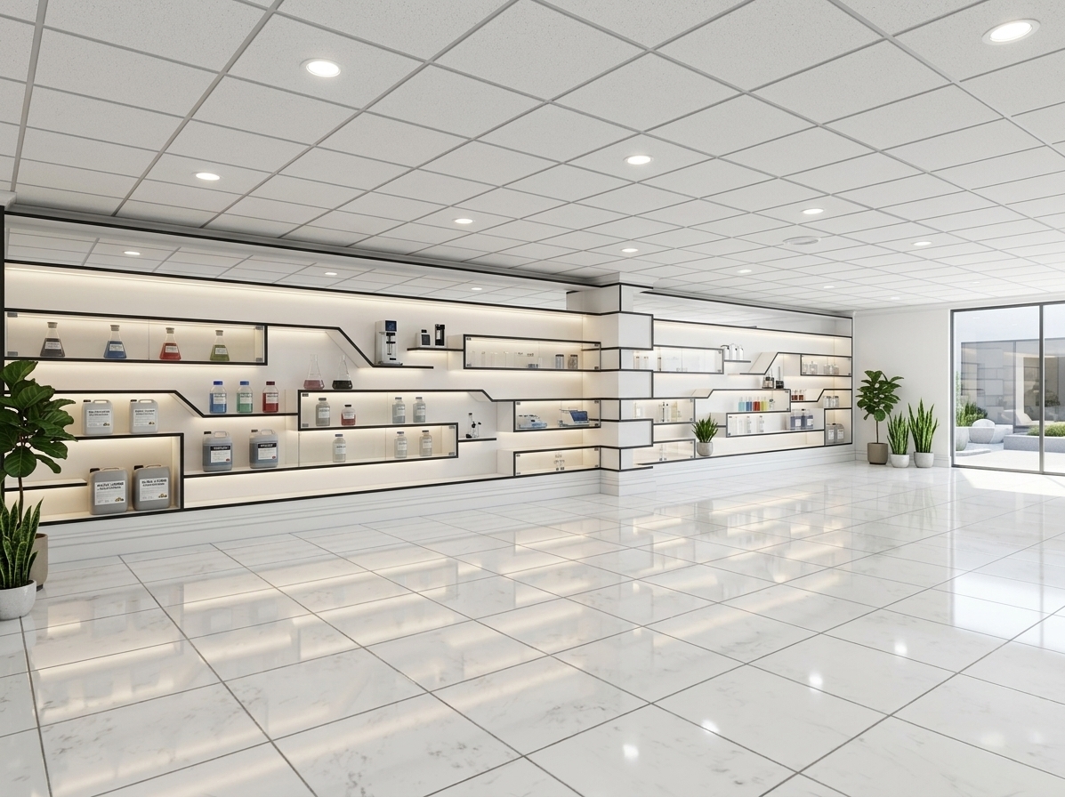 An incredibly lifelike, richly detailed, photorealistic wide-angle interior shot of a sophisticated commercial chemical product showroom set in a modern exhibition space. The scene is illuminated by bright, evenly distributed recessed LED downlighters in the acoustic gypsum ceiling and integrated under-shelf backlighting, creating a clean, pristine, and luminous midday atmosphere. Captured with an architectural wide-angle lens, emphasizing the reflective high-gloss finish of the ceramic floor tiles, the subtle textures of the white walls trimmed with moulded cornices, and the sharp graphic contrast of the black-edged modular shelving. The custom white display unit incorporates illuminated niches and sleek glass doors housing impeccably arranged industrial chemical samples, flasks, and branded containers. Lush, architectural potted greenery sits tastefully within the space, introducing natural vibrancy to this impeccably balanced minimalist haven.