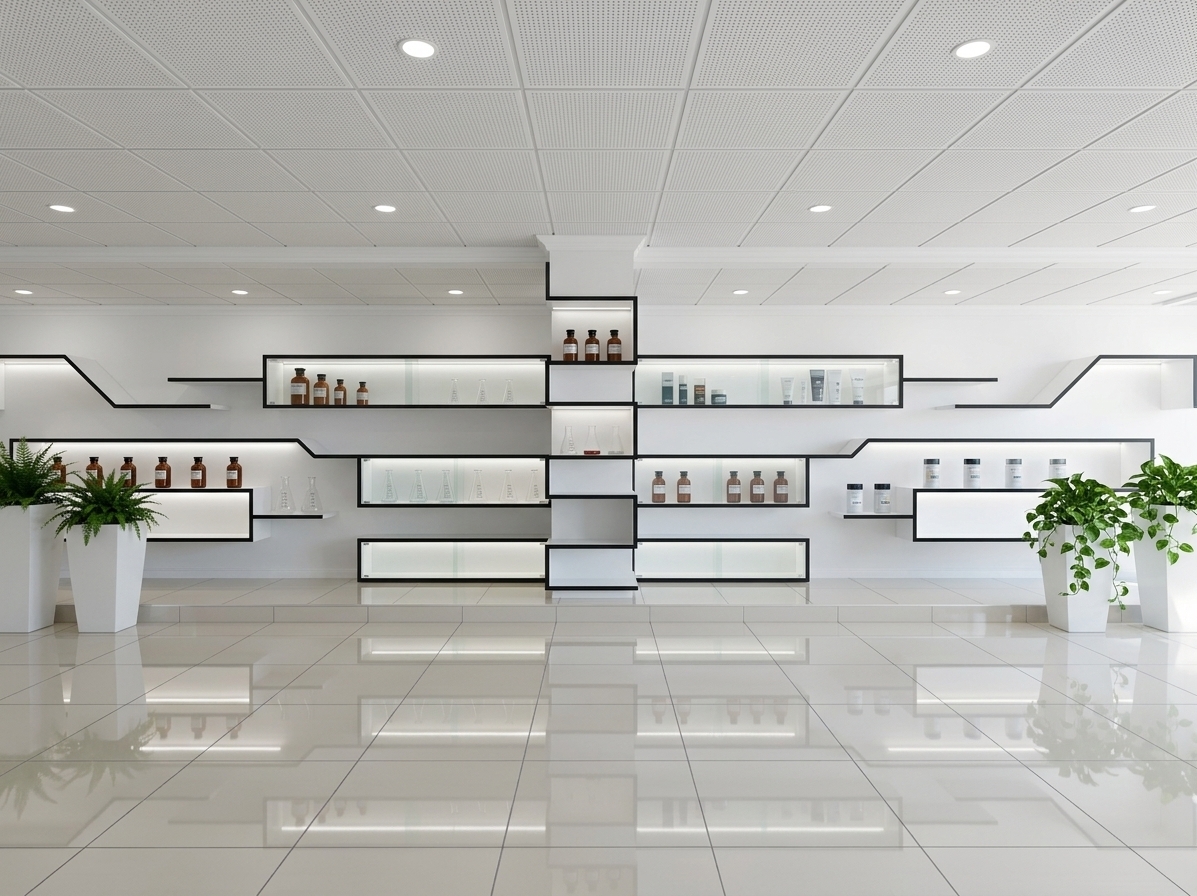 An incredibly lifelike, richly detailed, photorealistic straight-on eye-level interior shot of a sophisticated commercial chemical product showroom set in a modern industrial corporate facility during a bright summer midday. The scene is illuminated by soft, recessed ceiling downlighters paired with radiant integrated LED strip lighting tucked neatly into display alcoves, creating a crisp, pristine, and luminous minimalist atmosphere. Captured with a professional 24mm architectural wide-angle lens, emphasizing the high-gloss sheen of the polished ceramic floor tiles with matching skirting, the subtle micro-perforated texture of the acoustic gypsum ceiling tiles, and the stark graphic contrast of the display architecture. 

The feature wall is masterfully detailed with sweeping, circuit-inspired shelving constructed from matte white particle board bordered by sharp black edge banding, featuring dedicated sections enclosed in clear tempered glass. Arranged gracefully across the illuminated shelves are pristine chemical factory samples—amber glass reagent bottles, clear graduated laboratory flasks, and sleek branded product containers. Enhancing the clean, technical aesthetic, tall geometric white planters with lush indoor foliage bring vibrant natural balance, while a refined moulded white cornice provides a polished transition between the smooth white walls and the structured ceiling grid.