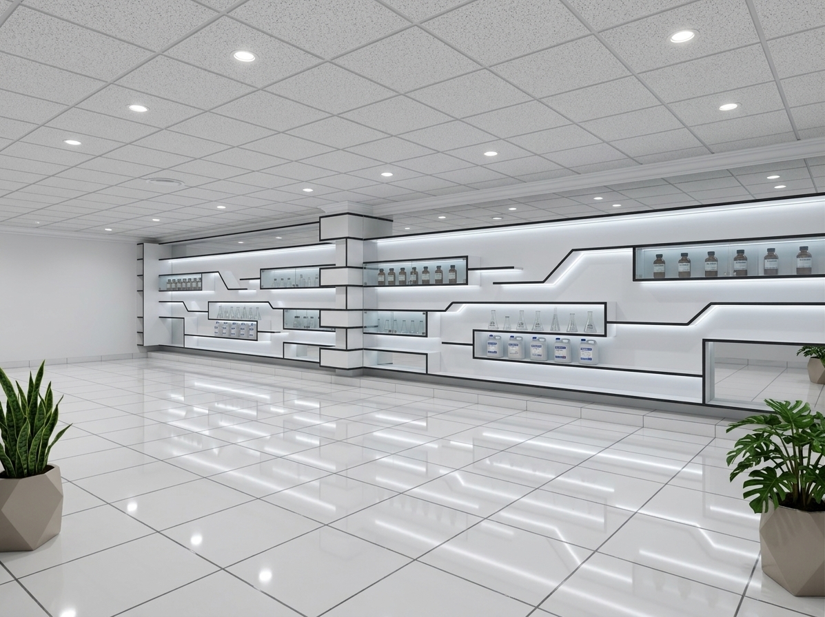 An incredibly lifelike, richly detailed, photorealistic wide-angle shot of a sleek commercial chemical factory display area set in a modern corporate exhibition space. The scene is illuminated by recessed ceiling downlighters combined with crisp, integrated LED strip lights glowing along the custom display niches, creating a bright, sophisticated, and minimalist atmosphere during a vibrant summer midday. Captured with a professional wide-angle architectural lens, emphasizing the glossy sheen of the polished glazed ceramic floor tiles, the seamless matching tile skirting, and the precision-crafted modular details. 

Spanning the main wall is an intricate, circuit-inspired white shelving structure trimmed with sharp black accent edging, featuring select compartments secured behind crystal-clear glass doors to showcase pristine rows of branded chemical bottles, scientific sample flasks, and industrial product containers. Above, a grid of textured acoustic gypsum ceiling boards is finished with a delicate white moulded cornice along the clean perimeter walls. Elegant, contemporary geometric planters containing vibrant green indoor plants flank the open floor, adding a refreshing touch of organic life to this cutting-edge, high-tech corporate showcase.