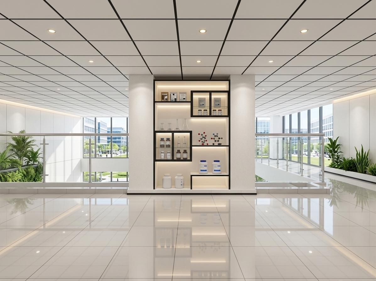 An incredibly lifelike, richly detailed, photorealistic eye-level interior shot of a sophisticated commercial chemical product exhibition showroom set in a state-of-the-art corporate facility. The scene is illuminated by radiant midday summer daylight streaming through expansive double-height curtain-wall windows behind, seamlessly blended with warm ceiling-recessed LED downlighters and integrated edge-glow lighting along the display compartments, creating a pristine, luminous, and professional atmosphere. Captured with a high-end full-frame architectural camera and a 24mm tilt-shift lens, emphasizing the ultra-smooth reflections on the glazed ceramic floor tiles, refined matte acoustic ceiling panels, and sleek black edge trims.

At the center stands a tailored geometric display bookcase built from clean white cabinetry with bold black contrast edging, featuring transparent glass cabinet doors that house premium packaged chemical samples, specialized lab-grade flasks, and refined branded product vessels. Lush, minimalist indoor planters flank the alcoves, introducing vibrant organic greenery against the crisp white molded cornice walls. In the background, a transparent glass balustrade anchored with polished chrome posts overlooks a sunlit, double-volume reception atrium below, framed by views of a bustling, modern commercial business park under a clear midday sky.