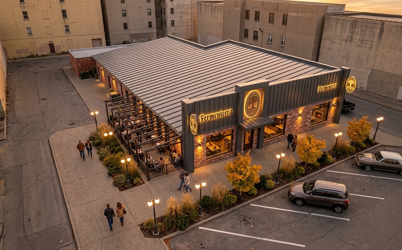 An incredibly lifelike, richly detailed, photorealistic elevated architectural photo of the stylish "Fermenterra" restaurant set in a vibrant autumn environment. The scene is illuminated by the rich, warm glow of a dramatic golden-hour sunset combined with ambient evening facade up-lighting and softly radiant lampposts, creating a cozy and welcoming atmosphere. Captured with a 35mm tilt-shift lens, emphasizing the tactile textures of the weathered red-brick masonry, charcoal standing-seam cladding, and glowing back-lit signage. Several modern vehicles are neatly parked in the painted asphalt bays, while groups of pedestrians and evening patrons leisurely stroll along the landscaped sidewalks framed by ornamental grasses and golden-hued autumn trees. Through the expansive picture windows, a glimpse of the interior reveals an inviting, French country-charmed dining lounge radiating warm indoor ambiance, perfectly complementing the active outdoor pergola patio.