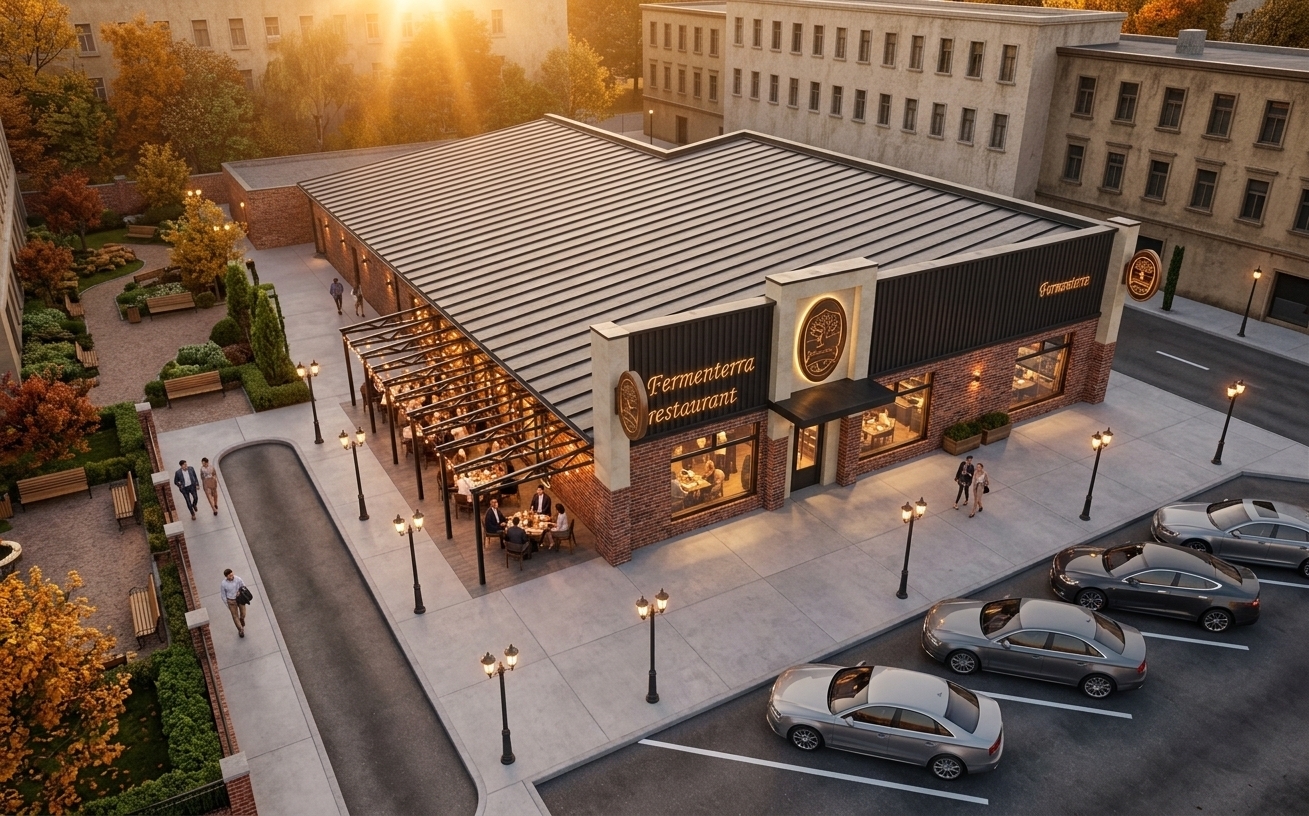 An incredibly lifelike, richly detailed, photorealistic elevated perspective of the contemporary "Fermenterra" restaurant set in a bustling urban neighborhood during a crisp autumn evening. The scene is illuminated by the rich, warm golden rays of a low sunset paired with glowing exterior sconces, illuminated vintage-style signage, and glowing streetlamps, creating an inviting, sophisticated, and vibrant atmosphere. Captured with a professional wide-angle tilt-shift lens, emphasizing the rich tactile texture of reclaimed red brick, charcoal standing-seam roofing, and dark vertical corrugated metal paneling. 

Sleek modern cars occupy the freshly paved parking stalls, while well-dressed patrons and strollers amble along the smooth concrete walkways. Beneath the modern black metal pergola, the cozy outdoor terrace comes to life with guests enjoying drinks and dinner under ambient string lighting. Through large panoramic display windows and a glazed entryway vestibule, a warmly lit, stylish interior is revealed, while in the courtyard's depth behind the venue, a charming pocket park showcases golden autumn foliage, wooden benches, and manicured greenery, blending industrial charm with contemporary elegance.