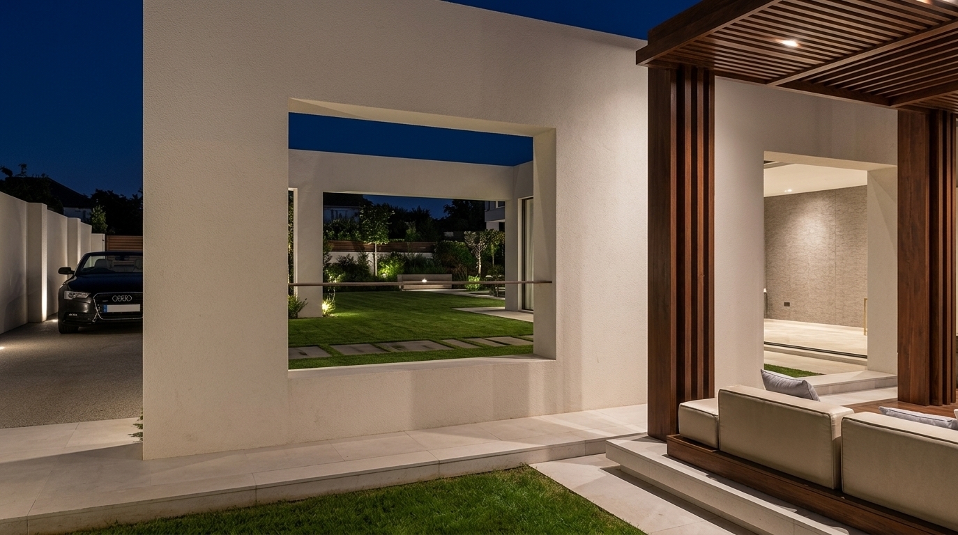 An incredibly lifelike, richly detailed, photorealistic eye-level architectural photo of a luxurious outdoor garden patio set in a high-end contemporary residence. The scene is illuminated by refined sculptural downlighting concealed within the pergola ceiling and soft, glowing ambient lights, creating a sophisticated, airy, and serene atmosphere against the evening nightscape. Captured with a professional wide-angle 24mm lens, emphasizing the tactile textures of the warm white stucco facade, rich dark wood grains, and tailored upholstered furniture, the composition showcases an epitome of contemporary elegance. On the right, a clean-lined modern wooden cabana provides a cozy, sheltered retreat with plush cushions in champagne, pearl, and soft gray tones resting on polished timber decking. In the center, a bold architectural wall with a framed geometric cutout acts as an abstract visual anchor, overlooking subtle ground paving and an expansive manicured lawn, while a sleek luxury car sits poised in the understated driveway to the left, completing this perfectly balanced, light-filled outdoor sanctuary.