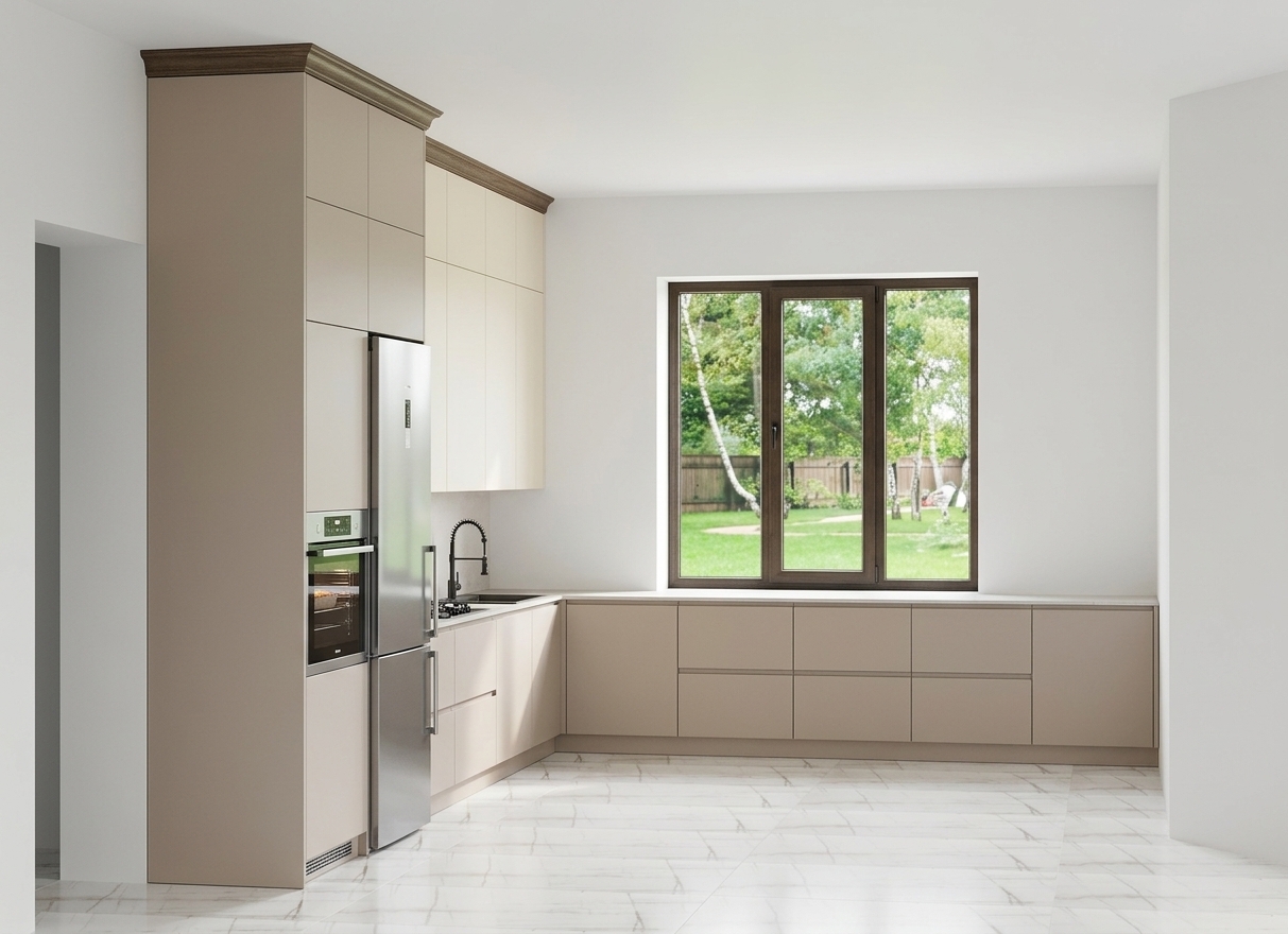 A bright, photorealistic interior photograph of the kitchen taken at midday in spring, keeping the exact layout, geometry, and perspective intact. Natural, crisp spring daylight streams through the large window, casting soft shadows across the smooth matte beige cabinetry and lightly reflecting off the white marble tile floor. The window frames a lush green garden under clear daylight, with balanced interior fill light catching the realistic gloss of the stainless steel appliances, black faucet, and subtle micro-textures on the cabinetry and wall surfaces. Captured with a sharp 24mm architectural lens, featuring natural exposure, crisp white balance, and realistic material textures without digital artifacts.