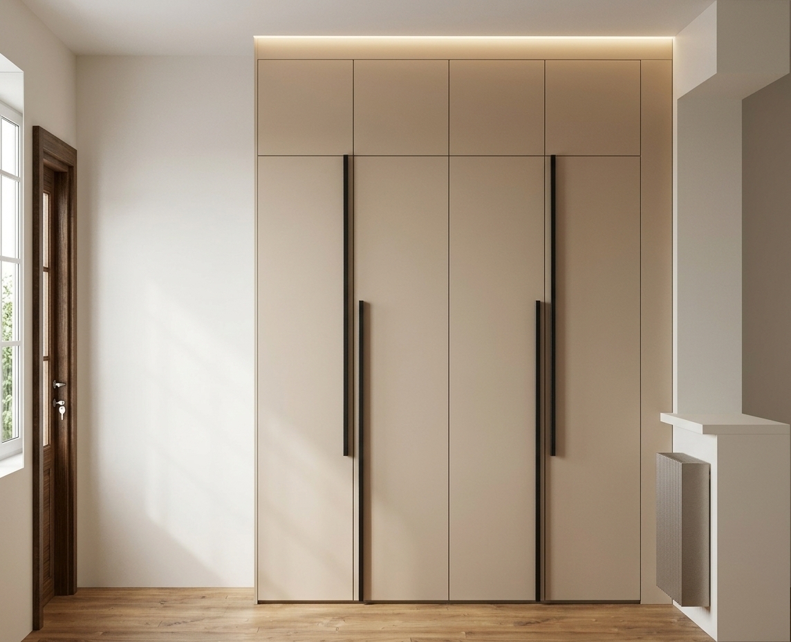 A clean architectural photograph capturing the scene with natural daylight streaming through a window fitted in the opening on the left, casting soft daylight and subtle shadows across the room. The built-in wardrobe features smooth, matte warm-beige panels accented with sleek matte black vertical handles, while the rich natural wood grain floor displays realistic texture and soft light falloff. Shot straight-on with a 35mm architectural lens, the image exhibits balanced natural interior lighting, realistic surface micro-textures, gentle diffuse reflections, and subtle photographic depth with minimal lens distortion.