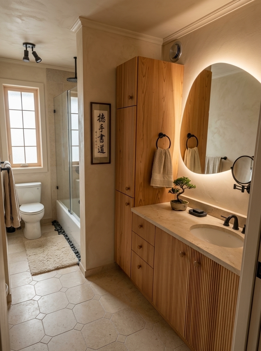An incredibly lifelike, richly detailed, photorealistic wide-angle interior shot of a Japanese Zen-inspired luxury bathroom set in a serene, tranquil modern residence. The scene is illuminated by soft, diffused morning sunlight filtering through a frosted shoji-style privacy window, harmonized with the warm ambient backglow of an organic pebble-shaped mirror and concealed cove lighting, creating a profoundly calm, meditative, and balanced atmosphere. Captured with a 24mm f/2.8 architectural lens, emphasizing the raw, tactile textures of warm beige lime-wash plaster walls, honed light-sandstone floor tiles, and the exquisite natural grain of custom fluted hinoki and rich cedar cabinetry. The reimagined vanity space features a sleek, low-profile natural wood vanity with seamless matte-black fixtures and completely clutter-free surfaces, subtly accented by a curated monochrome photography art book, an understated black stone soap tray, and a delicate, sculptural bonsai tree in a hand-thrown ceramic pot. Leading into the wet-room alcove, the space incorporates a minimalist glass enclosure housing a deep Japanese ofuro-inspired soaking tub and rain shower surrounded by smooth charcoal river stones, while a framed vertical Japanese calligraphy (shodo) scroll hangs gracefully on the neutral wall, seamlessly weaving earthy neutrals, deep black contrasts, and living botanical greens into a harmonious, wabi-sabi retreat.