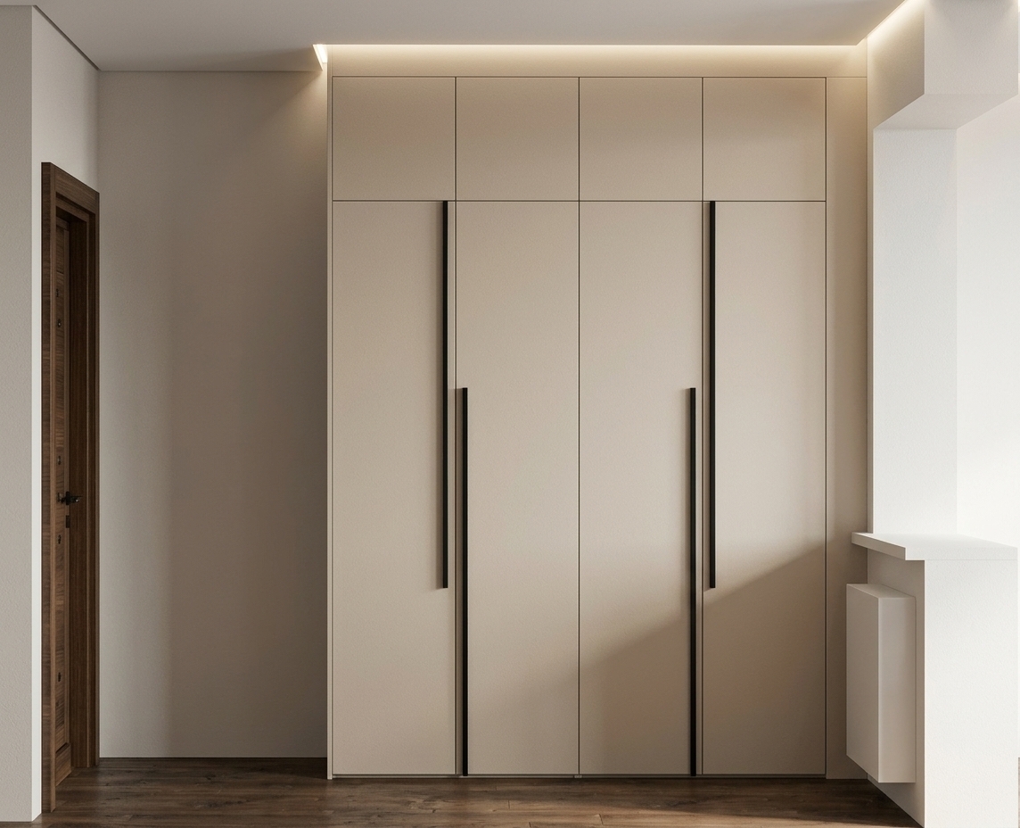Architectural interior photograph of the modern hallway featuring built-in matte beige wardrobe cabinets with slim vertical black metal handles, a dark wood grain door frame on the left, and natural oak plank flooring. Bright natural daylight streams from the opening on the right, illuminating the niche with soft directional highlights, realistic contact shadows, and gentle light falloff across the matte cabinet surfaces. Captured with a straight-on 35mm lens, showcasing authentic surface micro-textures, accurate material physics, balanced daylight color temperature, and subtle, photorealistic ambient reflections.