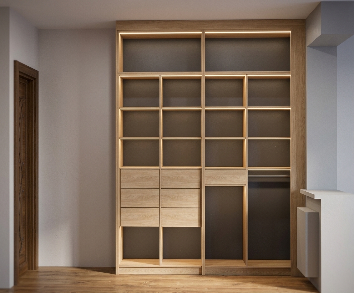 An eye-level architectural interior photograph of the exact built-in wardrobe layout, featuring warm recessed LED strip lighting integrated under each shelf to cast a soft, downward glow across the light oak panels and dark backing. Balanced ambient room light highlights natural wood grain textures, subtle surface reflections on the drawers and hardwood flooring, and realistic shadow play against the neutral walls with crisp focus and natural photographic depth.