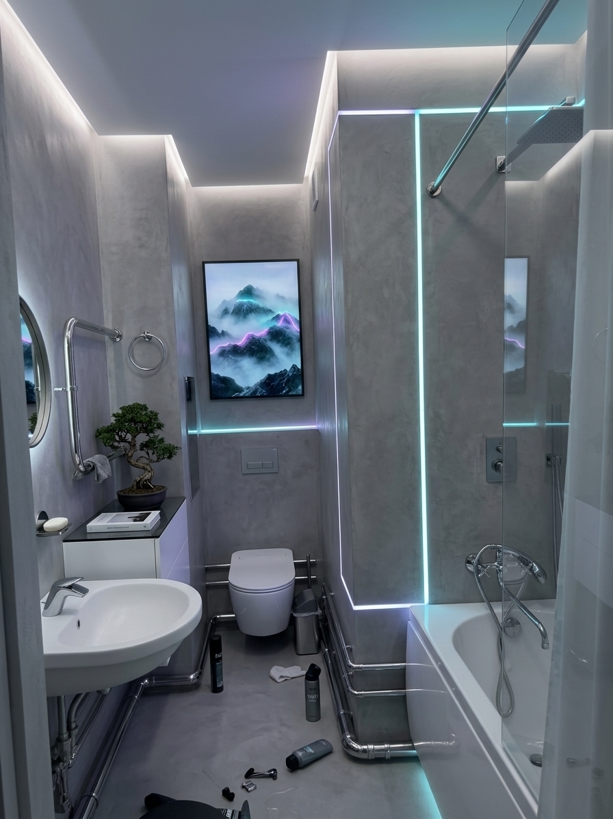 An incredibly lifelike, richly detailed, photorealistic eye-level shot of a reimagined digital-zen bathroom set in a sleek, high-tech urban sanctuary. The scene is illuminated by soft ambient recessed cove lighting and subtle cyan and lavender neon edge-lighting, creating a tranquil, futuristic atmosphere. Captured with a 24mm wide-angle architectural lens, emphasizing seamless cool gray microcement finishes, polished chrome, and pristine frosted glass surfaces. The once-cramped layout is transformed into an uncluttered, streamlined marvel: a wall-hung smart toilet floats within the recessed alcove, crowned by a high-resolution, framed digital landscape wall art piece depicting mist-covered neon mountains. To the left, a floating minimalist white vanity features an integrated basin with touchless fixtures and a backlit halo mirror, beside which a single lush indoor bonsai plant and an art photography book rest on a slim smoked-glass ledge. On the right, a deep freestanding soaking tub is framed by a frameless glass partition and concealed fixtures, completing an innovative, perfectly balanced space that fuses cyberpunk aesthetics with pure Zen serenity.