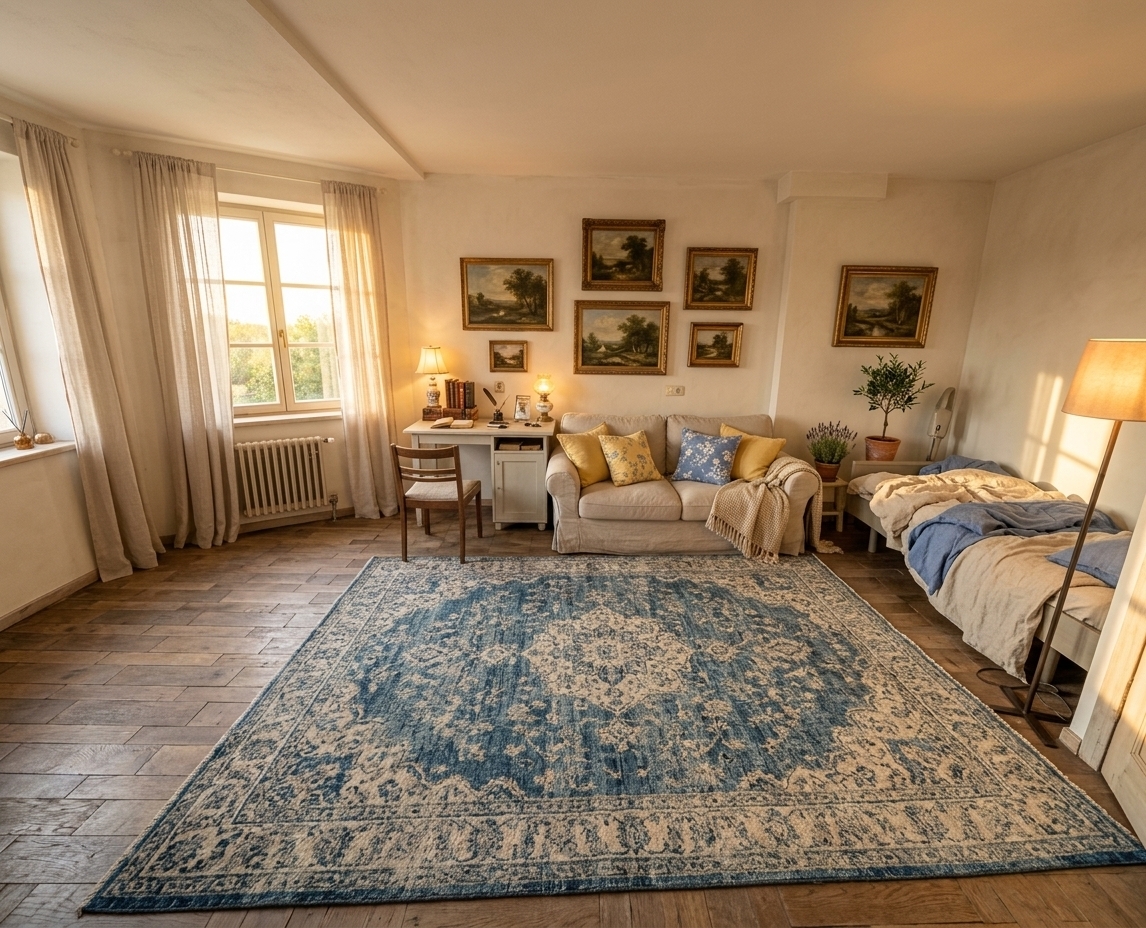 An incredibly lifelike, richly detailed, photorealistic wide-angle interior photo of a transformed living room set in a warm, cottage-inspired French country home. The scene is illuminated by golden late-afternoon sunlight streaming through sheer linen-draped windows and the soft, inviting glow of vintage porcelain and brass lamps, creating a romantic and peaceful atmosphere. Captured with a 24mm wide-angle lens, emphasizing the tactile beauty of distressed chalk-painted wood, natural woven linens, and weathered herringbone parquet flooring beneath an antique faded blue and cream wool rug. In place of the cluttered layout, the room features a cozy, slipcovered linen sofa layered with soft yellow and cornflower blue floral cushions, a carved rustic coffee table topped with an open photography book and fresh tea roses, and an elegant distressed white armoire. The walls are finished in a soft cream limewash adorned with framed pastoral landscape oil paintings in gilded frames, while terracotta-potted indoor olive trees and lavender complete this timeless, provincial sanctuary.