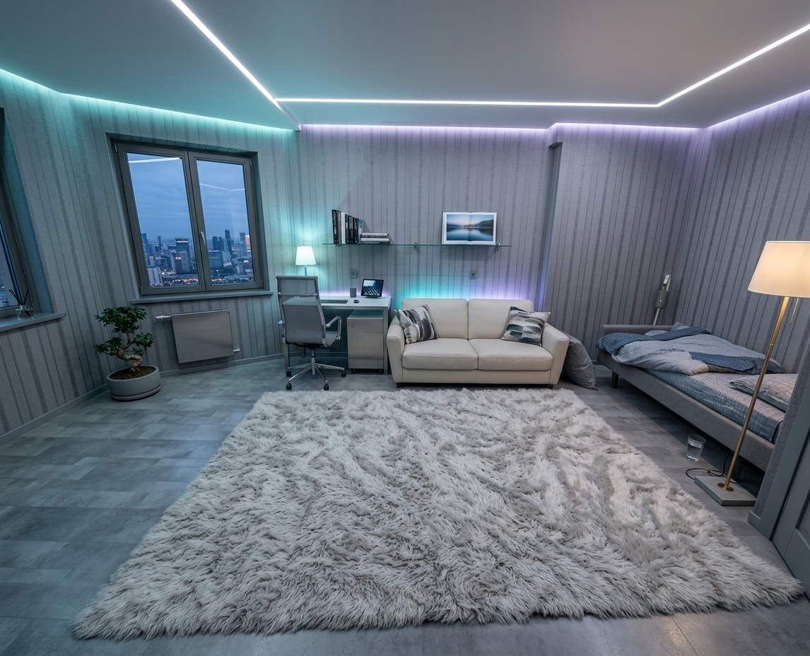 An incredibly lifelike, richly detailed, photorealistic wide-angle shot of a reimagined digital-zen open kitchen and living space set in a high-rise urban studio. The scene is illuminated by diffused recessed linear LED strips paired with subtle cyan and soft lavender neon under-cabinet accent lights, creating a tranquil, high-tech atmosphere. Captured with a 24mm wide-angle lens, emphasizing the ultra-smooth matte cabinetry, reflective polished chrome, and frosted glass textures. 

The dated wallpaper and cluttered furniture are transformed into a streamlined, clutter-free sanctuary finished in cool grays, crisp whites, and brushed metal. A minimalist kitchen island featuring seamless induction surfaces and a waterfall quartz countertop anchors the space, accompanied by sleek smoked-glass barstools. On the feature wall, an ultra-thin digital landscape art display shifts through serene, mist-covered mountain vistas, complemented by a glossy photography book resting on a floating glass ledge. Bonsai and architectural indoor plants in matte ceramic planters introduce organic balance to the cyberpunk-inspired, smart-controlled interior, while the upgraded expansive window reveals a twilight metropolis skyline beyond.