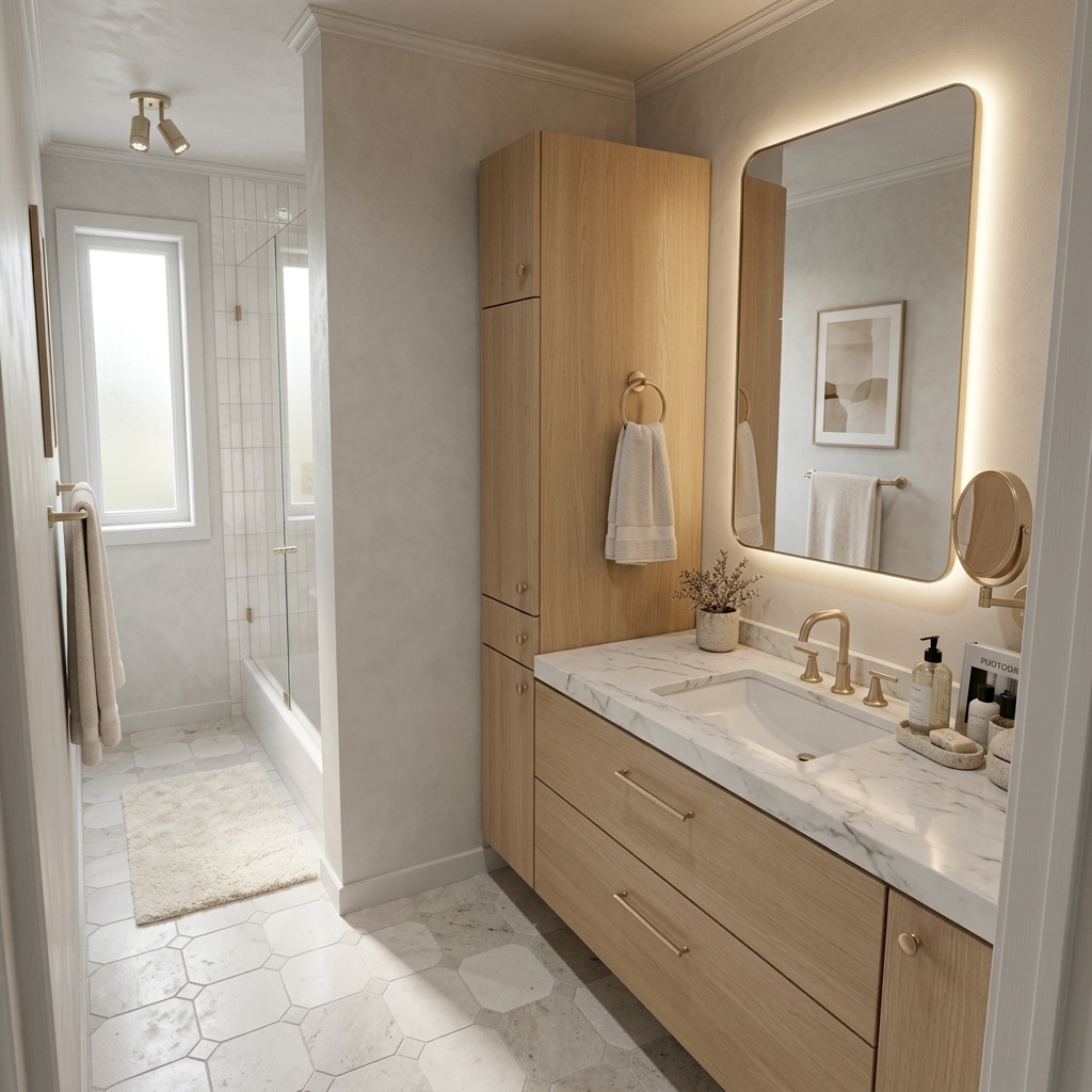 An incredibly lifelike, richly detailed, photorealistic wide-angle interior shot of a serene master bathroom suite set in a luxury contemporary penthouse. The scene is illuminated by soft, natural morning light filtering through a frosted tall window harmoniously blended with the warm, radiant glow of an integrated LED halo-backlit mirror and minimalist sculptural ceiling spotlights, creating an airy, sophisticated, and tranquil atmosphere. Captured with a full-frame camera and a 24mm tilt-shift lens, emphasizing the delicate veining of polished Calacatta marble surfaces, the smooth tactile lime-wash plaster walls, and the subtle satin sheen of slim champagne-gold hardware. Embracing a refined contemporary elegance, the space features a cohesive palette of warm white, pearl, soft gray, and champagne, centered around a sleek floating light-oak vanity paired with a tall seamless linen cabinet. Frameless glass partitions define the luminous shower and tub area lined with polished vertical subway tiles, while geometric limestone pavers add subtle texture underfoot. Elegantly curated decor completes the understated luxury of the room, including a monochrome photography book and sculptural ceramic soap caddy arranged neatly beside the undermount basin, a framed minimalist abstract wall art print visible along the adjacent corridor, and a tailored, pearl-toned upholstered vanity bench poised just outside the frame, establishing a perfectly balanced, functional, and light-filled sanctuary.