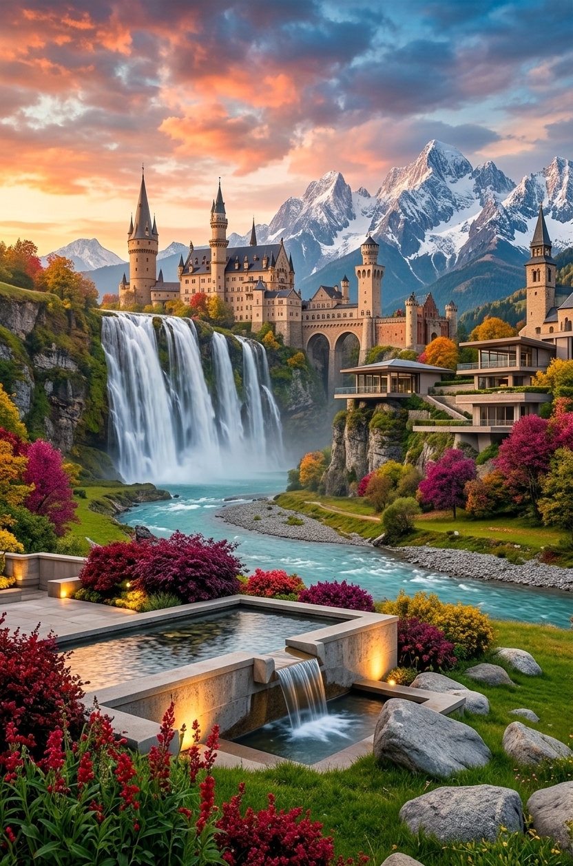 An incredibly lifelike, richly detailed, photorealistic wide-angle landscape photograph of an idyllic fantasy kingdom with a golden castle and contemporary elegance set in a lush alpine meadow valley. The scene is illuminated by the soft, warm glow of a dramatic sunset casting radiant golden, amber, and violet highlights across the clouds and misty spray, creating an enchanting, majestic, and serene atmosphere. Captured with a high-resolution medium format camera and a 24mm wide-angle lens at f/11, emphasizing the crisp textures of tiered stone masonry, rushing white water, vibrant autumn foliage, and sharp, snow-capped mountain peaks.

In the foreground, a beautifully crafted outdoor patio and water garden blends architectural precision with natural splendor. A tiered stone reflecting basin gently cascades water down carved concrete lips, flanked by warm accent lighting that glows softly on the structure. Surrounding this terrace are meticulously landscaped clusters of deep crimson shrubs, rich magenta bushes, tall red wildflowers, and smooth grey boulders nestled among vibrant green grass.

The midground opens into a sweeping turquoise river valley fed by colossal, multi-tiered waterfalls plunging down sheer, moss-covered rock faces. Integrated seamlessly into the dramatic cliffs are terraced pavilions and open-air retreats featuring modern columns and warm, glowing interiors that offer contemporary luxury overlooking the cascading torrents. 

Dominating the central clifftop is a grand, fairy-tale castle boasting slender spires, arched stone bridges, and imposing turrets built from warm sandstone. In the background, majestic snow-covered alpine peaks pierce the sky beneath a breathtaking canopy of dramatic, painterly clouds infused with vibrant sunset hues of peach, coral, and deep azure.