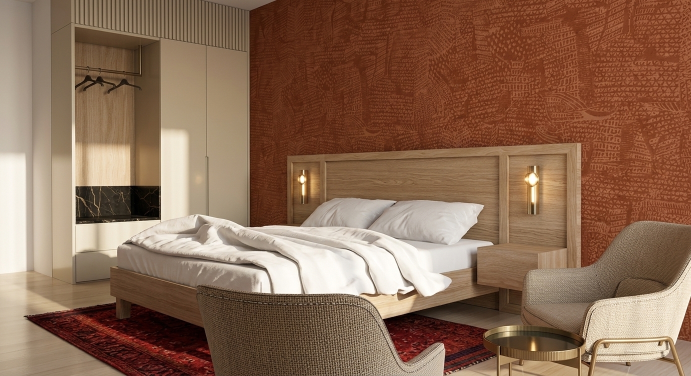 A bright architectural photograph of the modern bedroom during a clear spring midday, captured with a sharp 35mm lens. Natural, diffuse daylight fills the space, highlighting the tactile micro-relief of the textured terracotta accent wall and the authentic grain of the light oak bed frame and floating nightstands. The rumpled white cotton bedding exhibits natural fabric folds and soft contact shadows, complemented by gentle metallic reflections on the brushed brass sconces and table base. Neutral woven upholstery on the armchairs, detailed fibers in the red rug, and smooth cabinetry surfaces are rendered with balanced exposure, subtle depth of field, and lifelike photographic clarity.