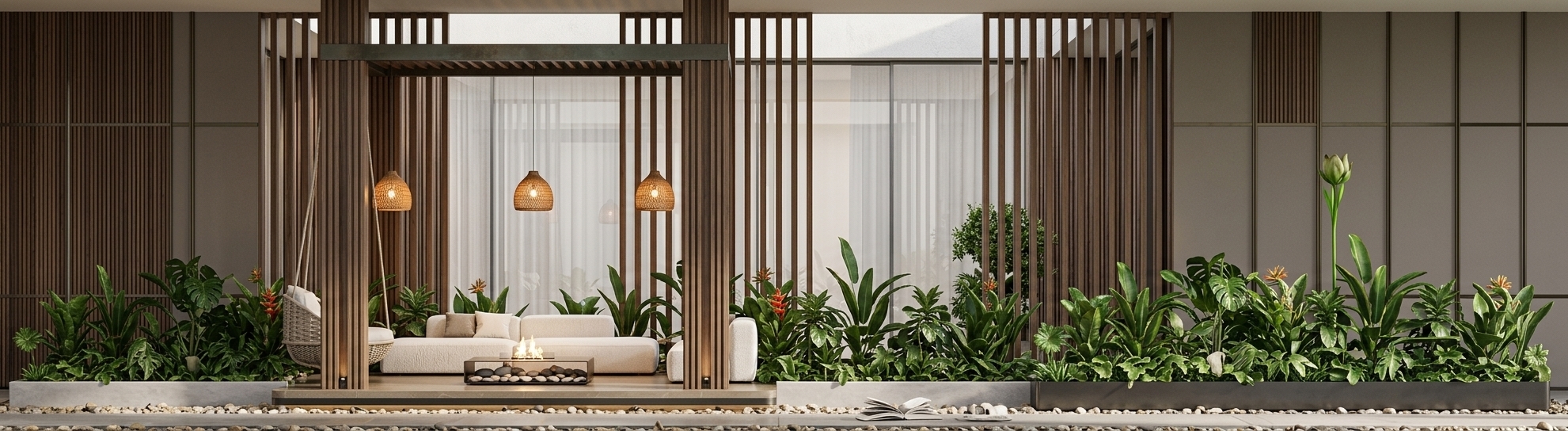 An incredibly lifelike, richly detailed, photorealistic wide-angle interior-outdoor shot of an elegant garden lounge set within a luxury modern residence. The scene is illuminated by soft, diffused natural daylight harmoniously paired with the intimate warm glow radiating from a trio of woven sculptural pendant fixtures, creating a refined, balanced, and serene atmosphere. Captured with a professional 35mm architectural lens, emphasizing the fine textures of rich fluted dark wood paneling, polished champagne-hued stone surfaces, and the vibrant, moisture-kissed leaves of lush tropical planters framing the space. Under the clean-lined slatted pergola, tailored modular lounge furniture upholstered in shades of warm white and soft pearl surrounds a sleek low-profile fire table adorned with curated decor and an open photography book, while an airy suspended hanging chair adds an effortless touch of leisure. In the background, understated warm gray wall panels and slim metal accents complete the space, achieving a seamlessly integrated, light-filled sanctuary of contemporary elegance and organic sophistication.