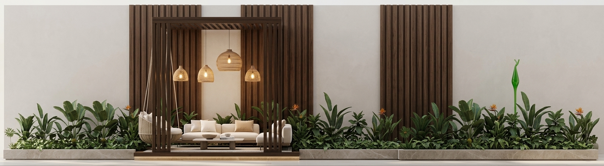 An incredibly lifelike, richly detailed, photorealistic straight-on elevation shot of an indoor-outdoor sunken garden lounge set in a contemporary, high-end residence. The scene is illuminated by warm, soft glows emanating from sculptural woven pendant lights combined with gentle, diffused daylight, creating an airy, refined, and sophisticated atmosphere. Captured with an architectural 35mm lens, emphasizing the crisp contrast between polished stone borders, rich fluted dark timber millwork, and tailored warm-white upholstery. Anchored by a dark slatted wood pavilion frame, the central seating area features plush pearl and champagne-toned modular sofas around a minimalist coffee table topped with curated decor and photography books, complemented by an elegant suspended swing chair. Bounding the living space on both sides are sleek, continuous built-in planter troughs filled with lush tropical foliage and bird of paradise plants, seamlessly harmonizing natural greenery with understated, clean-lined modern elegance.