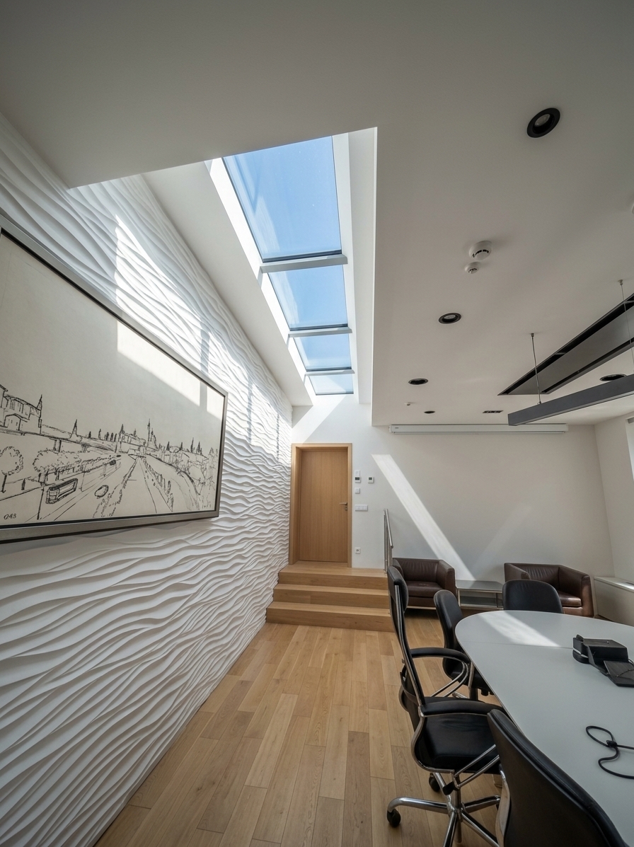 An incredibly lifelike, richly detailed, photorealistic wide-angle interior photograph of an executive study room transformed into a minimalist haven set in a modern architectural suite. The scene is illuminated by advanced daylight-mimicking sky fixtures recessed into an elongated ceiling niche, which accurately cast crisp directional sunlight and deep atmospheric Rayleigh blue sky light through anti-reflective real glass panels, creating an uplifting, serene, and biophilic atmosphere. Captured with a 24mm tilt-shift lens on a full-frame camera, emphasizing the sculptural relief of the flowing white wave wall, the seamless flush-mounted trimless ceiling integration, and the warm matte textures of natural blonde oak flooring and clean-lined timber paneling. The reimagined space harmonizes functional elegance with organic simplicity, featuring refined leather chairs, an uncluttered minimalist desk, and perfectly balanced soft shadows that bring genuine daytime vitality into the windowless interior.