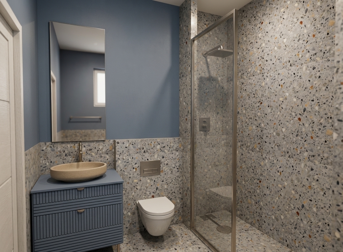 A crisp architectural photograph capturing the modern bathroom exactly as framed, featuring seamless grey terrazzo wall and floor tiles with authentic aggregate textures and subtle sheen. The upper wall displays a smooth, matte slate-blue finish behind the clean, reflective rectangular mirror. The fluted blue vanity with its matte beige ceramic basin and sleek faucet reflects soft ambient light, while the wall-hung toilet and glass-framed shower enclosure exhibit realistic light transmission and accurate reflections. The scene is bathed in warm, diffused interior lighting that casts gentle, natural contact shadows, rendered with sharp focus and balanced dynamic range.