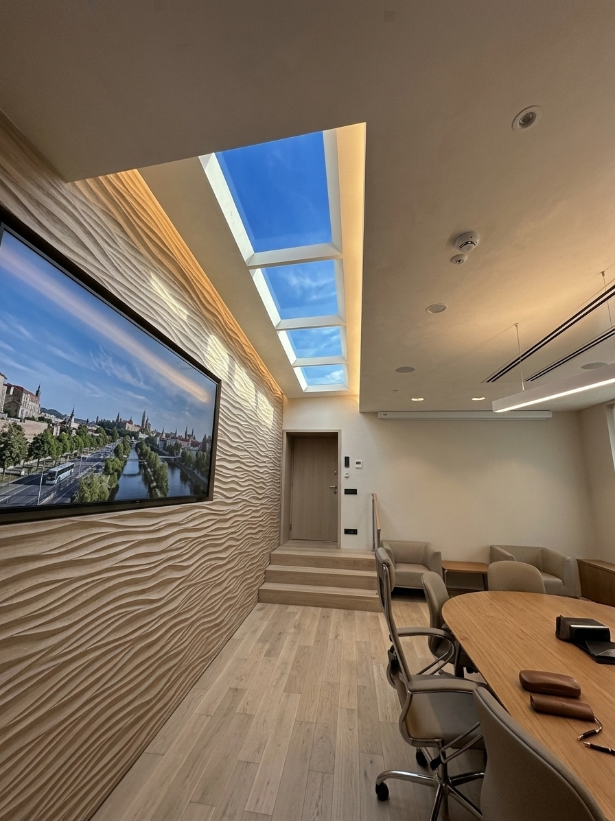 An incredibly lifelike, richly detailed, photorealistic wide-angle architectural shot of an executive study room transformed into a tranquil minimalist haven set in a modern office interior. The scene is illuminated by an innovative recessed artificial skylight system engineered with deep, angled beveled edges that cast crisp, natural-feeling directional sunlight across the room while faithfully rendering the deep blue clarity of an open sky, creating an inspiring, circadian-supportive, and serene atmosphere. Captured with a professional 24mm tilt-shift lens, emphasizing the seamless, trimless spackle-in plaster finishes, realistic optical glass surfaces, and tactile wave-textured feature wall. 

The reimagined space pairs this hyper-realistic daylight simulation with warm white oak flooring, sleek acoustic timber paneling, and curated minimalist furnishings. Integrated seamlessly into the vaulted ceiling, the flush glass panels create an astonishing trompe-l'œil of infinite vertical depth and authentic sunlit ambiance, satisfying human wellness needs in an otherwise windowless environment while maintaining an ultra-clean, clutter-free aesthetic.