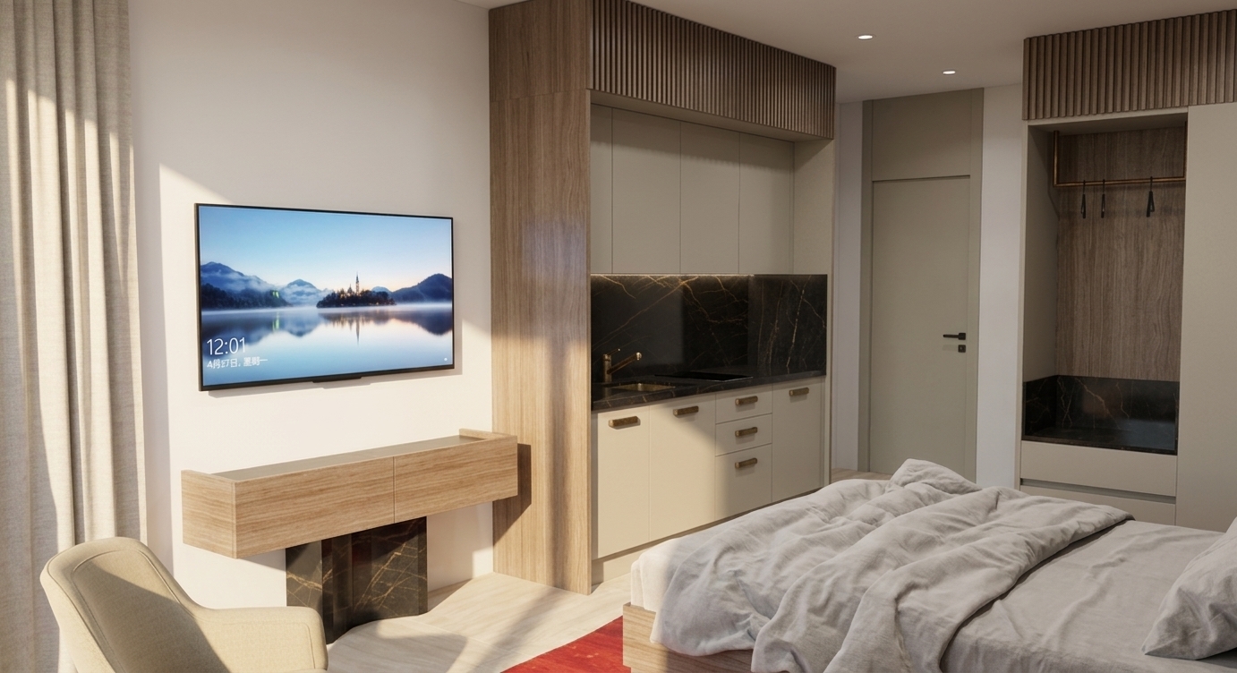 A crisp architectural photograph of this modern studio apartment interior bathed in bright, warm midday summer sunlight streaming in from the window on the left. The scene features authentic material physics, showcasing soft woven textures on the rumpled white bed linens, delicate wood grain across the floating console, and realistic reflections across the black marble backsplash with gold veining. The matte beige cabinetry, fluted wooden details, brass fixtures, and glowing wall-mounted television are captured with natural ambient fill light, subtle geometric shadows, balanced exposure, and sharp, clean photographic clarity preserving the exact perspective and layout.