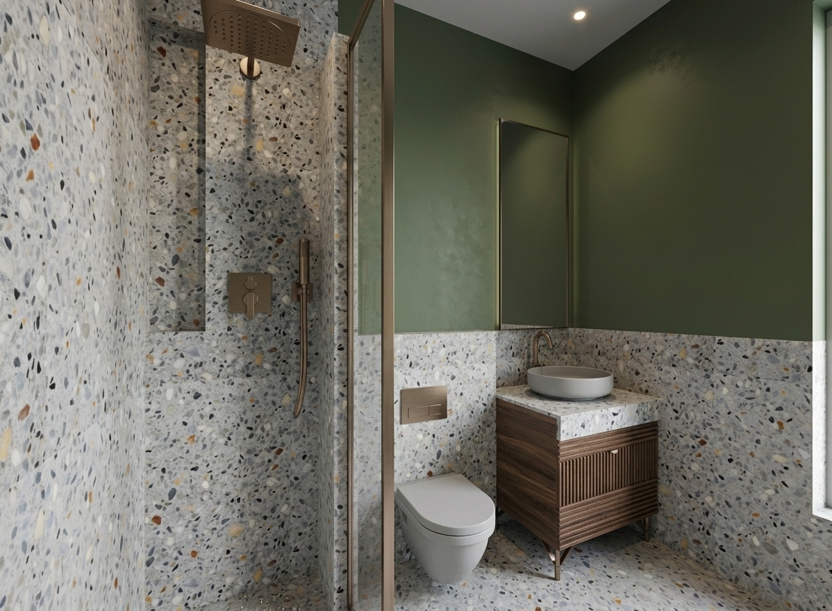 A professionally captured architectural photograph of this modern bathroom, maintaining the exact geometry, framing, and layout. The space is moodily illuminated exclusively by the warm, soft glow of hidden LED backlighting behind the tall vertical mirror, casting gentle shadows across the deep muted-green upper walls and speckled light-grey terrazzo surfaces. All metallic fixtures, including the overhead showerhead, hand wand, glass partition frame, basin faucet, and flush plate, are rendered in an elegant brushed bronze finish with subtle anisotropic sheen. The round vessel sink and wall-hung toilet feature a smooth, matte light-grey ceramic texture. Realistic material physics emphasize the fine wood grain of the fluted vanity, crisp reflections on the clear shower glass, and natural depth of field with fine photographic grain.
