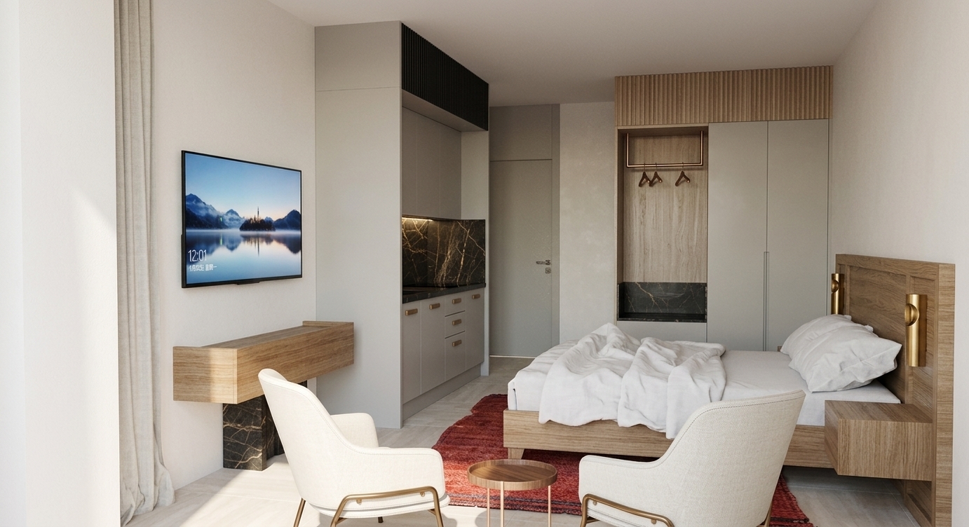 A photorealistic architectural photograph capturing the exact modern hotel room interior on a warm summer night. Soft, warm ambient interior lighting illuminates the scene, casting gentle shadows from the headboard sconces and under-cabinet fixtures, complemented by the subtle glow of the mounted television. The materials show realistic tactile finishes, including wrinkled cotton bed linens, textured armchair upholstery, polished dark marble accents, natural wood grains, and the woven fabric of the red floor rug. Captured on a wide-angle lens with balanced exposure, rich dark tones, and subtle natural film grain.