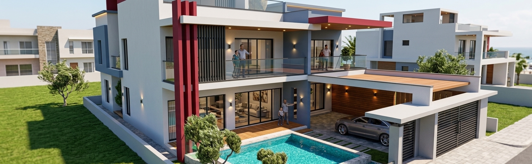 An incredibly lifelike, richly detailed, photorealistic high-angle architectural photograph of a luxurious multi-story contemporary villa set in a sun-drenched coastal neighborhood. The scene is illuminated by brilliant, direct summer midday sunlight paired with subtle, warm recessed LED soffit lighting and modern exterior wall sconces, creating a vibrant, inviting atmosphere. Captured with a professional 24mm tilt-shift lens, emphasizing crisp textures—including smooth white stucco facades, slate-blue accent walls, bold crimson structural elements, and dark vertical louvered screens. 

The composition highlights seamless indoor-outdoor living, showcasing glass-railed multi-level balconies, a private courtyard featuring a shimmering turquoise swimming pool with fine stone coping, and warm teak wood decking. Floor-to-ceiling glass sliding doors reveal hints of an elegantly furnished living room interior, while the landscaped perimeter features lush green turf, sculptural ornamental trees swaying softly in the coastal breeze, and an ultra-realistic paved driveway framing a sleek parked vehicle beneath the modern carport structure.