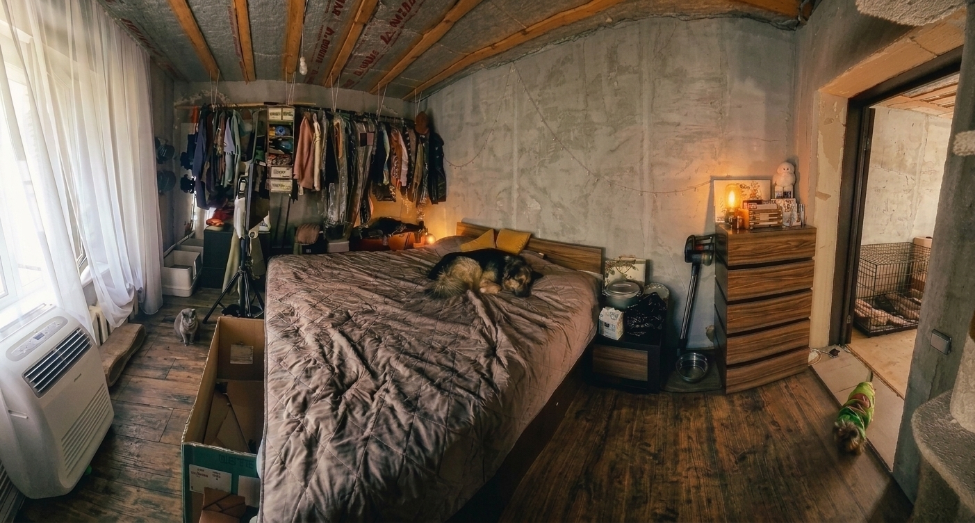 A realistic wide-angle interior photograph capturing the authentic loft bedroom exactly as composed, preserving all geometry, the raw concrete wall texture, exposed timber ceiling beams, and rich grain of the dark wood floorboards. Diffused, cool daylight streams softly through the sheer white window curtains on the left, balancing the warm, golden glow emitted by the ambient bedside and dresser lamps against the textured grey wall. The bed with its rumpled quilted duvet and resting dog, the hanging open-storage clothing system, tall walnut-toned dresser, and surrounding room elements feature enhanced micro-textures, natural fabric folds, and realistic material physics. Rendered with subtle photographic imperfections including natural wide-angle edge softness, gentle film grain, and realistic shadow falloff.