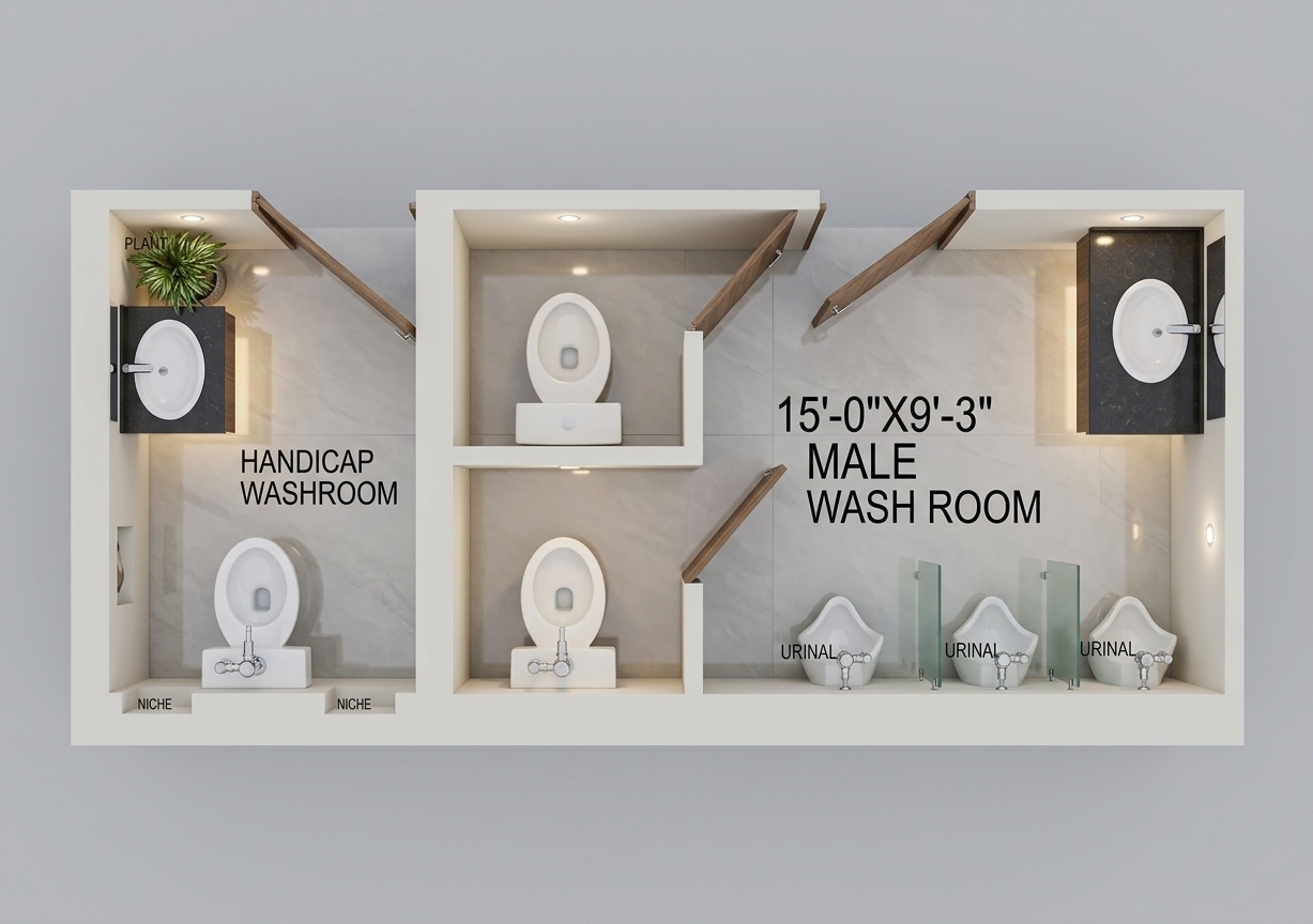 An incredibly lifelike, richly detailed, photorealistic top-down 3D architectural cutaway photograph of a modern commercial restroom suite set in an upscale contemporary facility. The scene is illuminated by crisp, recessed LED ceiling downlights and soft under-cabinet ambient glow, creating a clean, sophisticated, and inviting atmosphere. Captured with a professional architectural tilt-shift lens from an elevated perspective, emphasizing the polished large-format porcelain floor tiles, matte ceramic fixtures, and gleaming chrome hardware. 

On the left, the dedicated accessible washroom features a pristine white ceramic toilet framed by recessed architectural niches, a floating dark quartz vanity with an undermount oval basin, and a vibrant potted indoor plant adding a natural touch of greenery. The adjacent male restroom showcases two enclosed toilet cubicles with warm wood-grain partition doors, three wall-mounted porcelain urinals accented by sleek frosted-glass dividers along the lower wall, and a matching stone-topped vanity counter with modern sensor faucets on the opposite side. Crisp shadows and realistic surface reflections define the walls, bringing tangible depth and modern fusion elegance to the entire spatial layout.