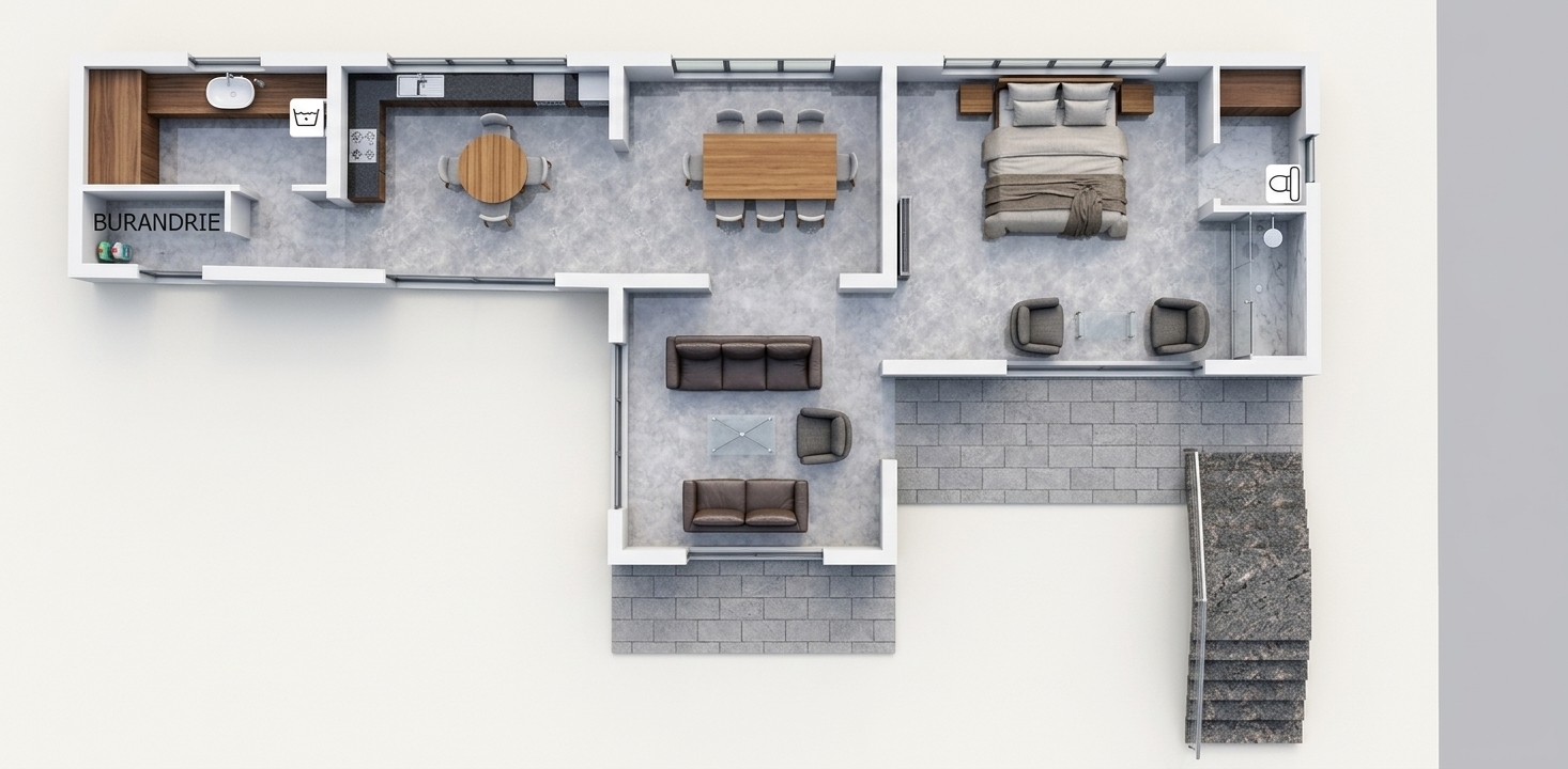 A top-down architectural photograph of the complete floor plan layout under bright spring midday daylight. Clean, natural sunlight casts subtle, soft contact shadows beneath the furniture and along interior walls, emphasizing room depth while preserving the exact layout. Realistic material textures include tactile fabric weaves on the sofas, dining chairs, and bedding, fine-grain marble flooring with soft specular reflections, and textured stone for the outdoor patio and staircase. Captured with a high-resolution top-down perspective, featuring crisp details, neutral color temperature, and balanced exposure.